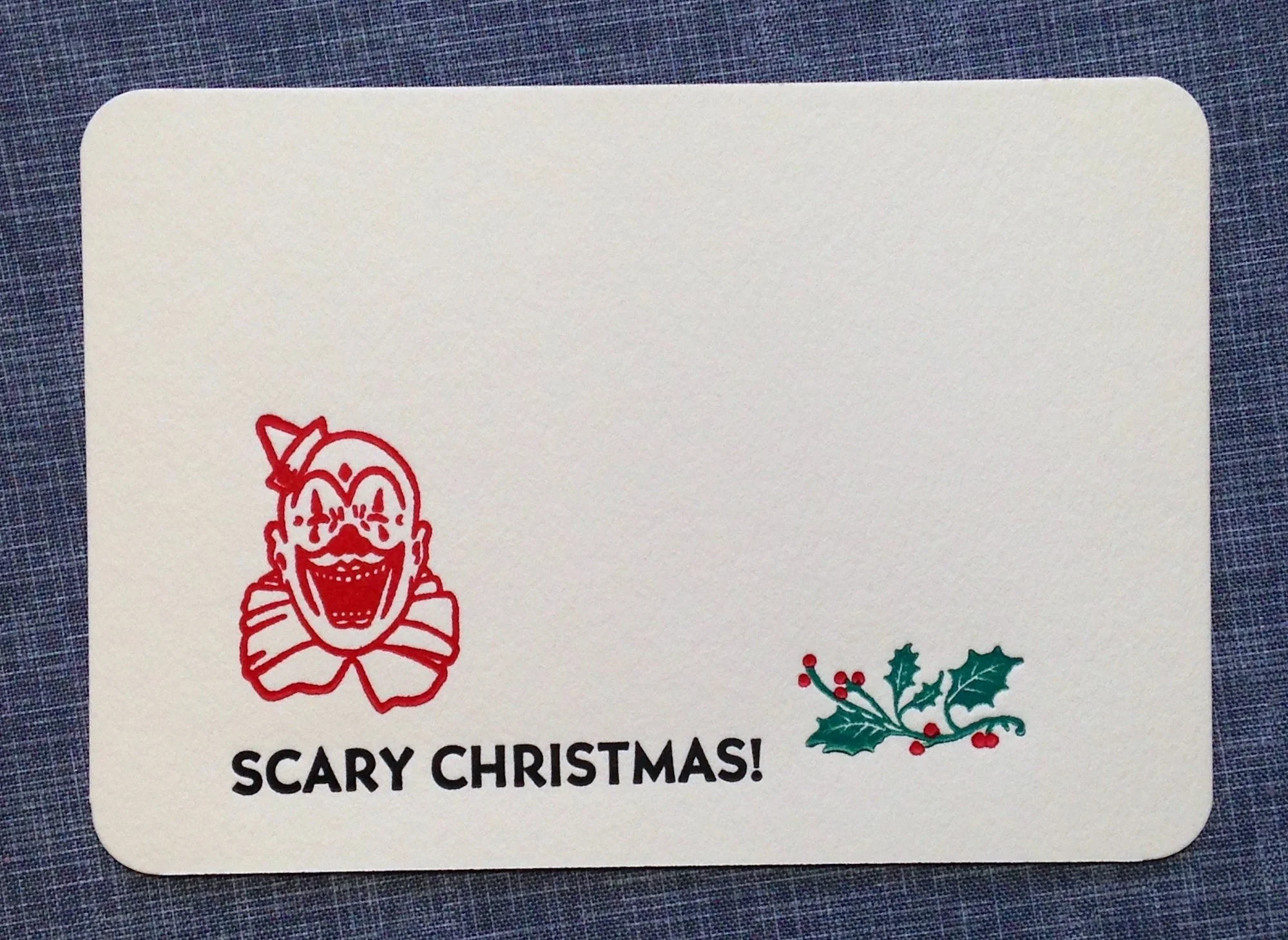 Letterpress Holiday Card and Envelope - Scary Christmas Clown
