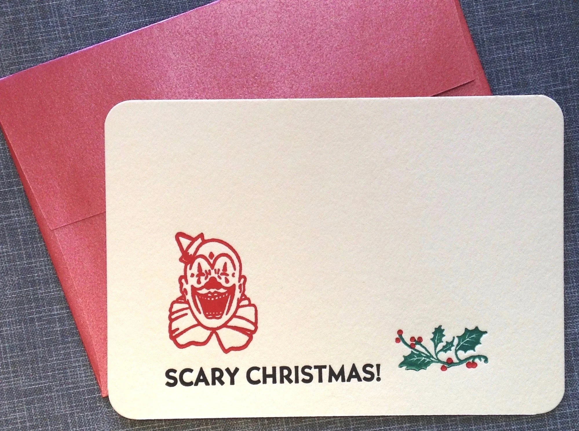 Letterpress Holiday Card and Envelope - Scary Christmas Clown
