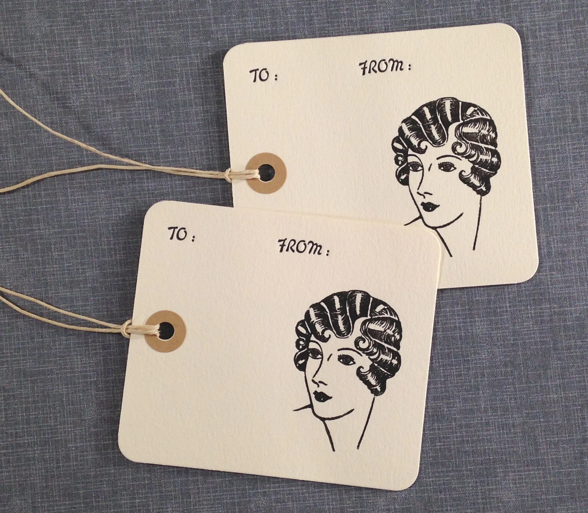 letterpress Gift tags with an image of a flapper