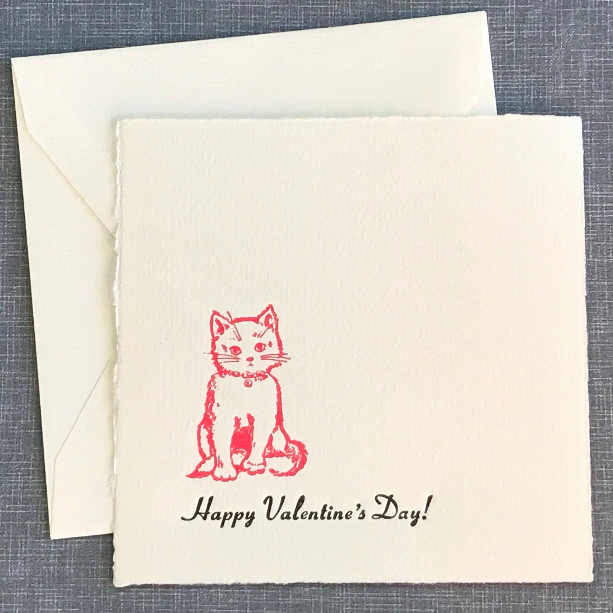 pink kitten valentine card hand printed on cotton paper