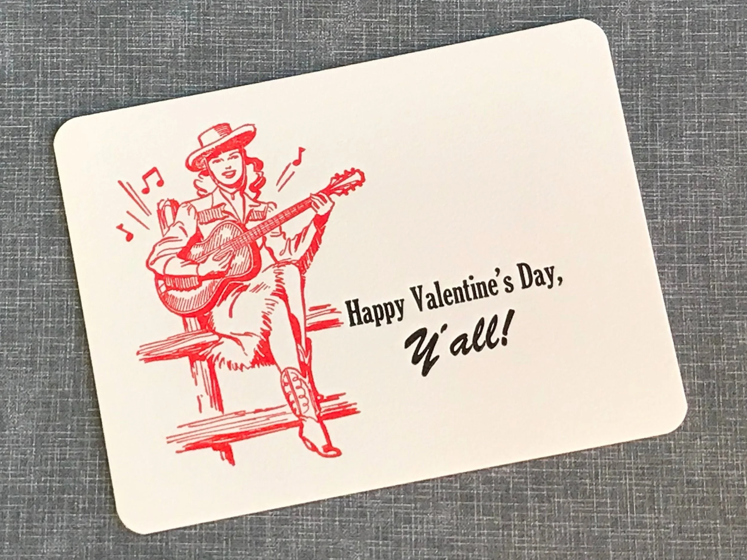 Handmade letterpress valentine card featuring a vintage-inspired cowgirl design. Perfect western-themed love card for Valentine’s Day, anniversaries, or rustic romantic gifts.