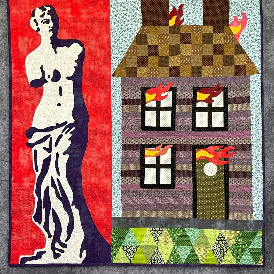 fine art quilt Decline and Fall with Venus de Milo and house on fire