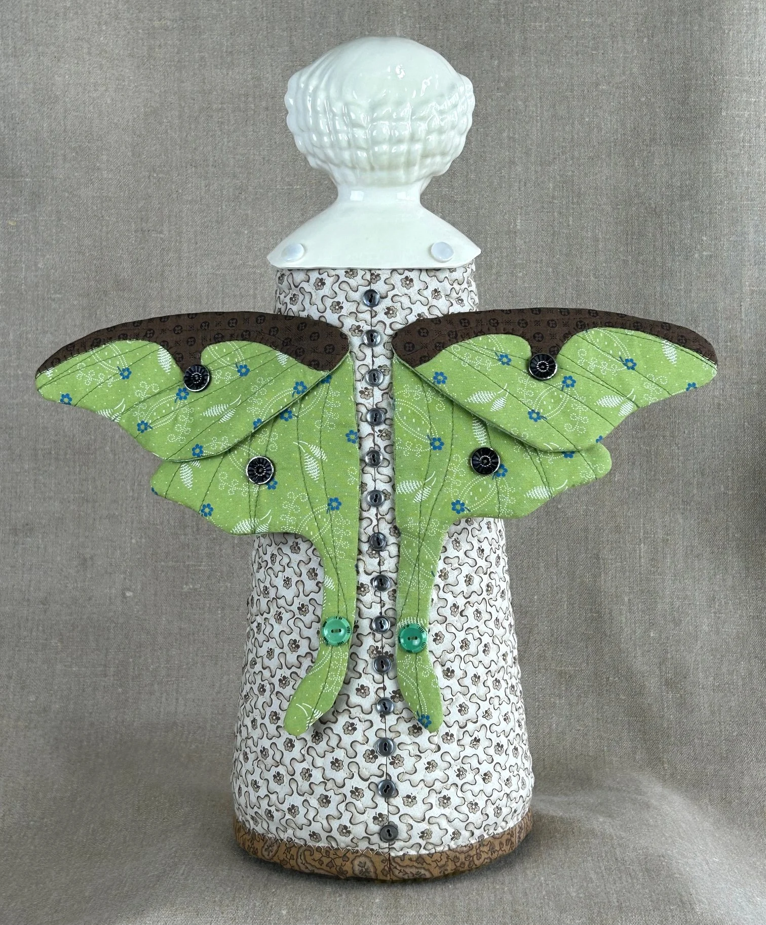 Back view of Winged Heirloom Folk Art Doll - Patchwork spirit totem figurine with Luna Moth Wings - vintage collector's doll