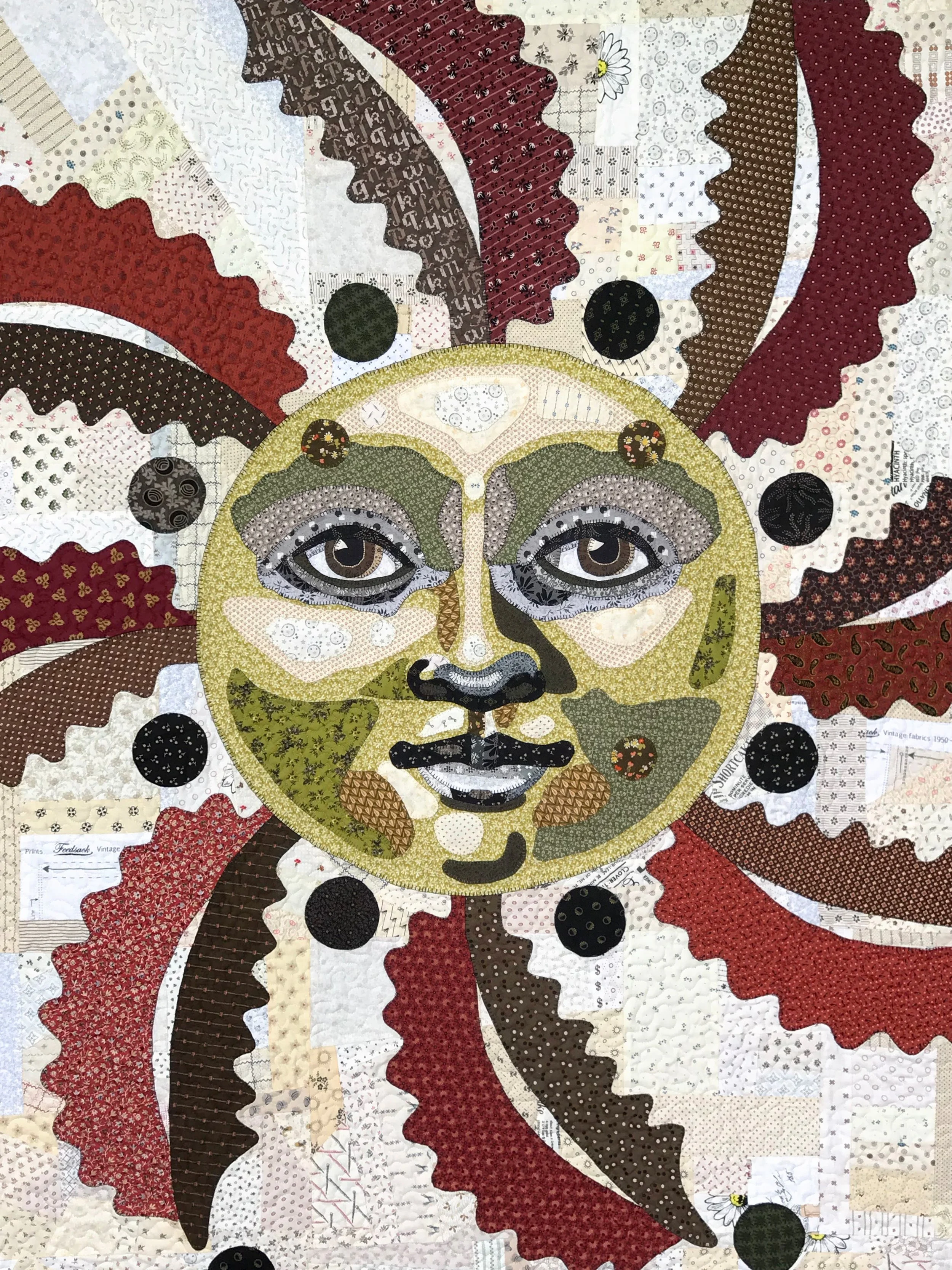 one of a kind folk art quilted wall hanging featuring a crazy quilt background