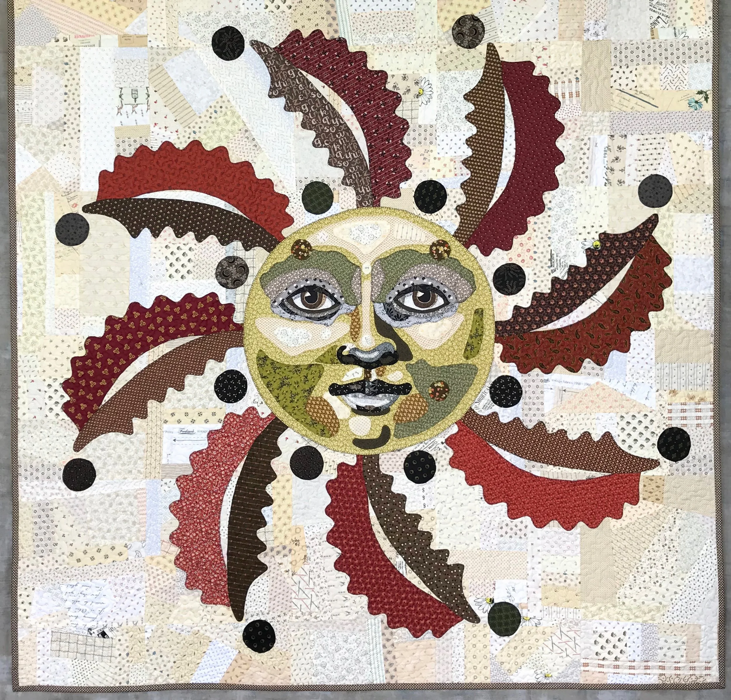 Folk art quilt, quilted wall hanging featuring an appliqued sun
