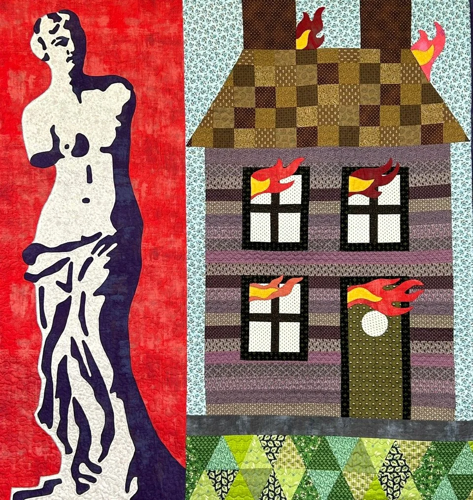 handmade quilt with classical statue and house fire motif in reproduction fabrics