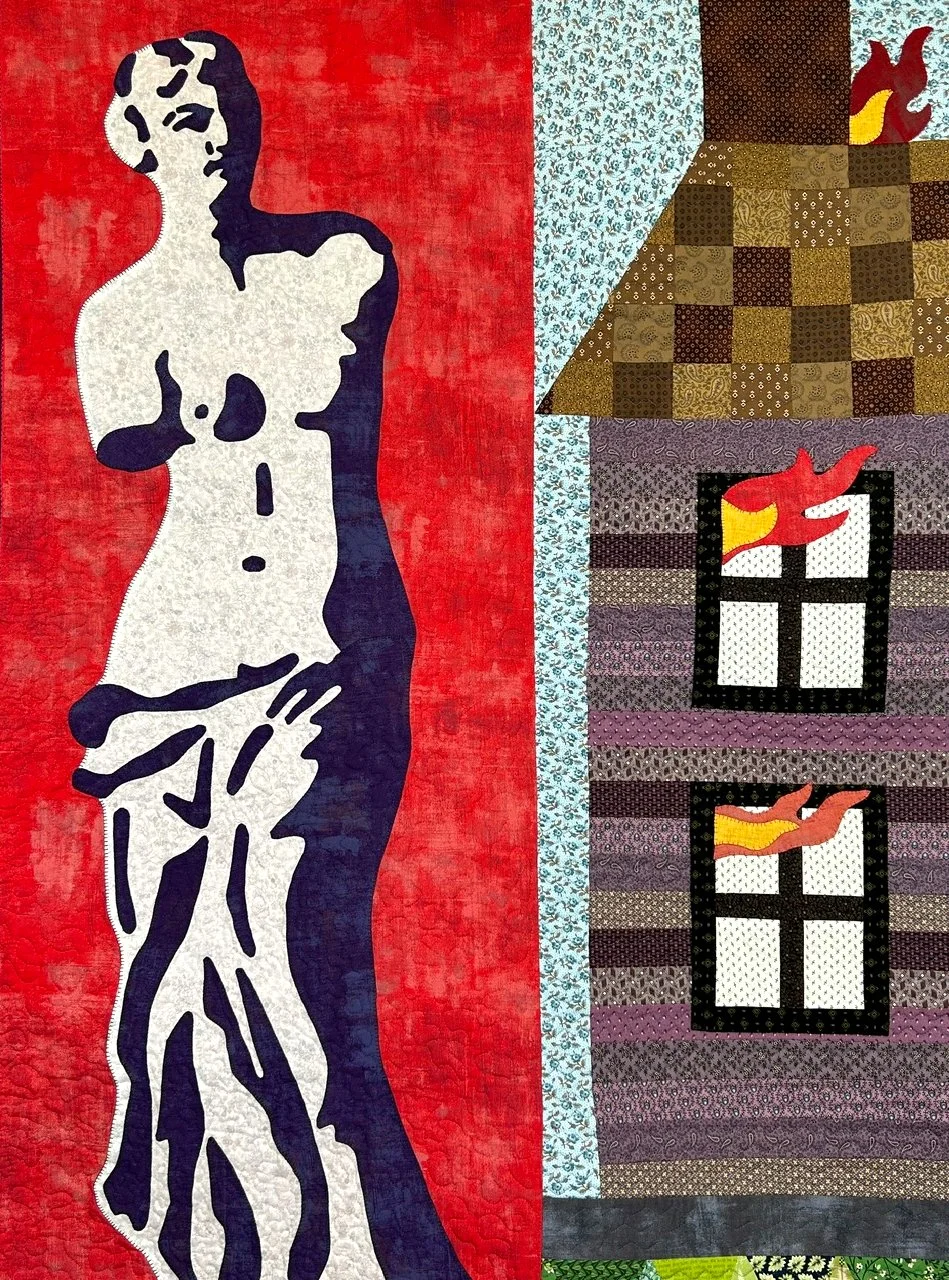 fiber art wall hanging Decline and Fall with applique Venus and flames