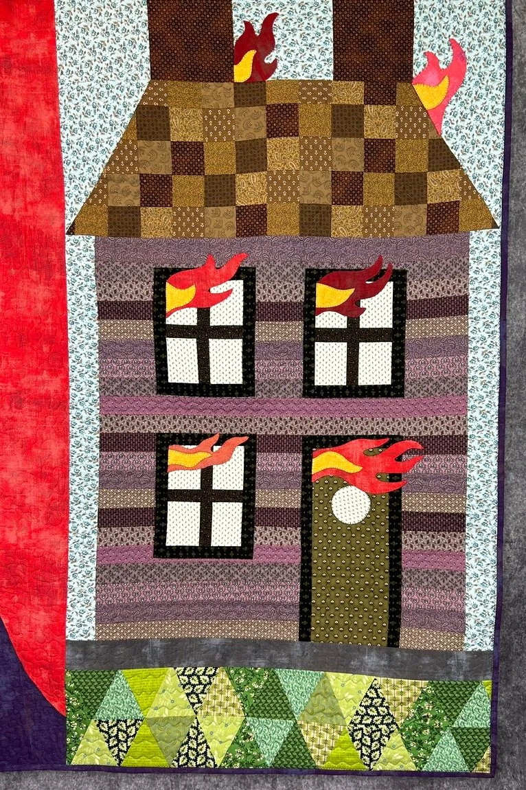 unique art quilt Venus de Milo figure beside house on fire design