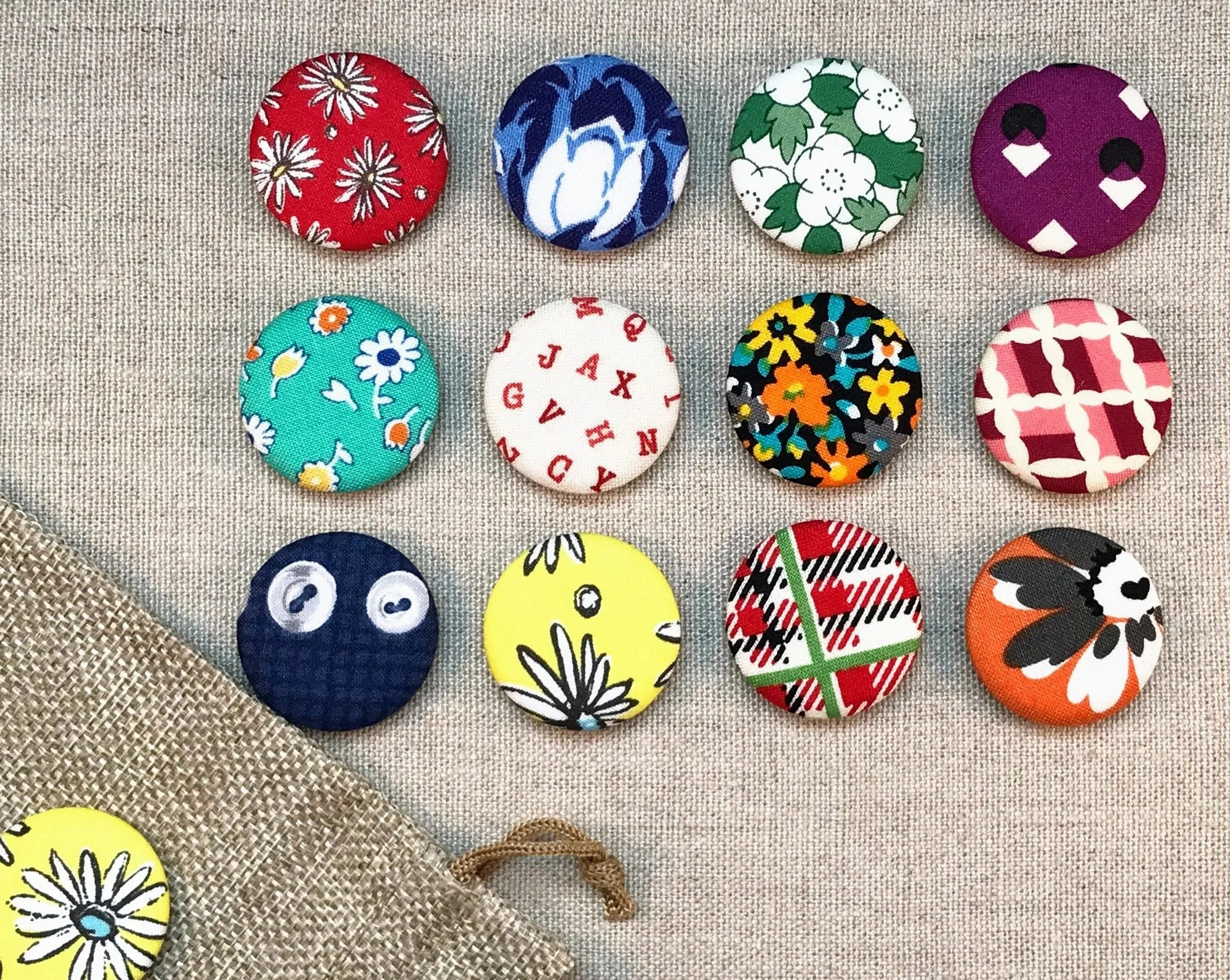 Fabric Covered Button Magnets - Set of 12 - Reproduction Feedsack Fabrics