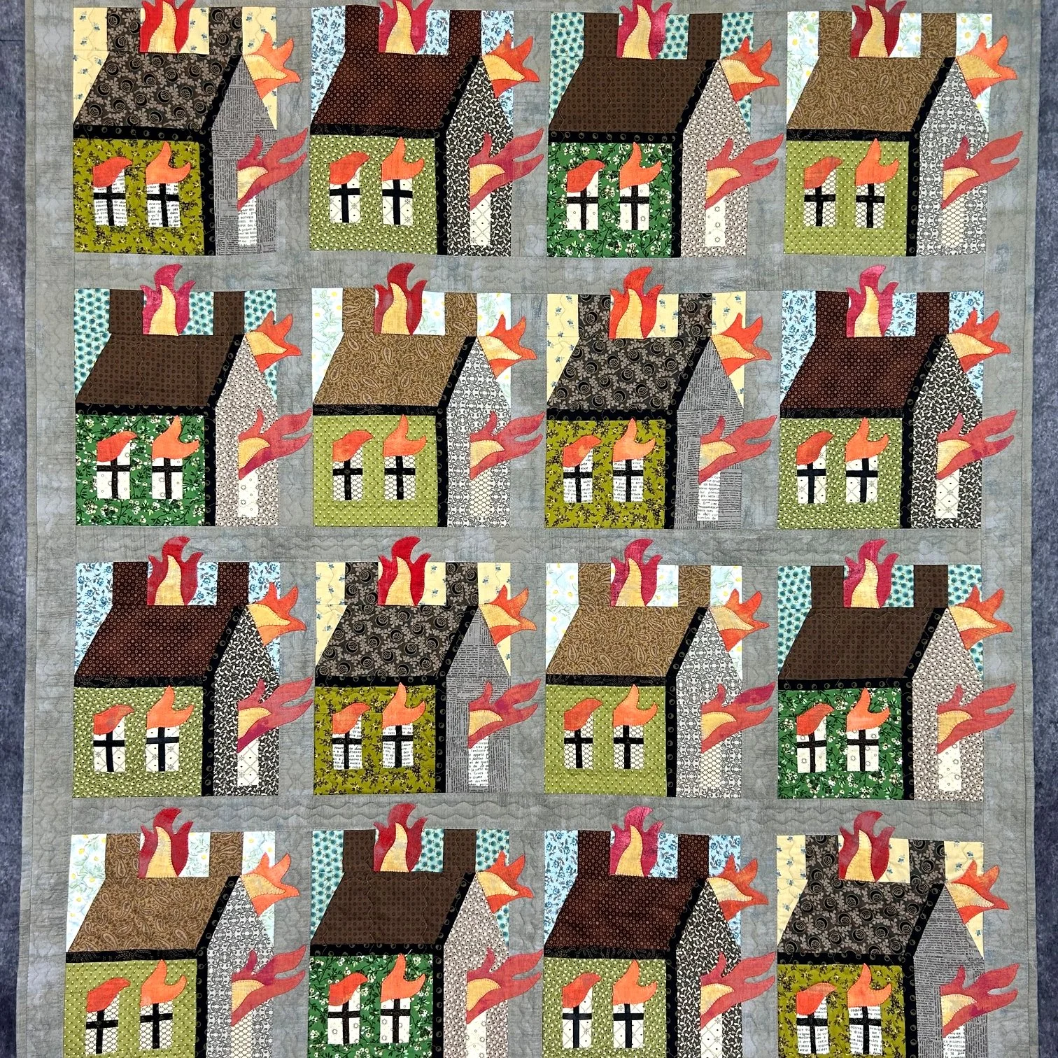 fine art quilt wall hanging with distressed muslin flames