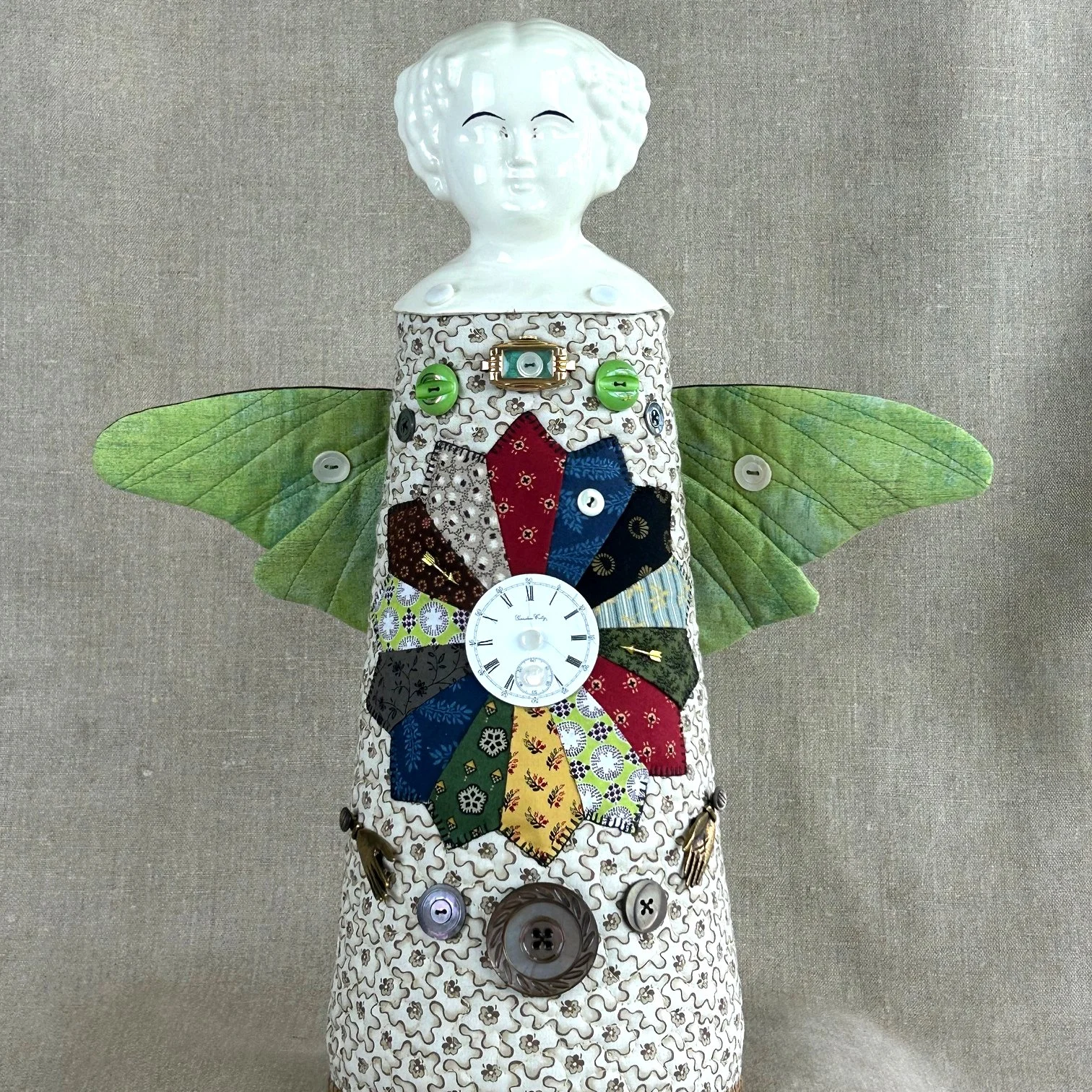 Winged Heirloom Folk Art Doll - Patchwork Folk Art Doll with Butterfly Wings - Spirit Doll with Luna Moth Wings - vintage collector's doll