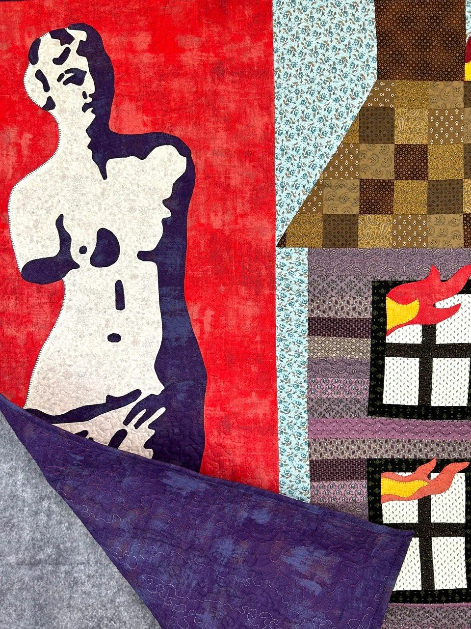 contemporary folk art textile with Venus statue and burning house theme