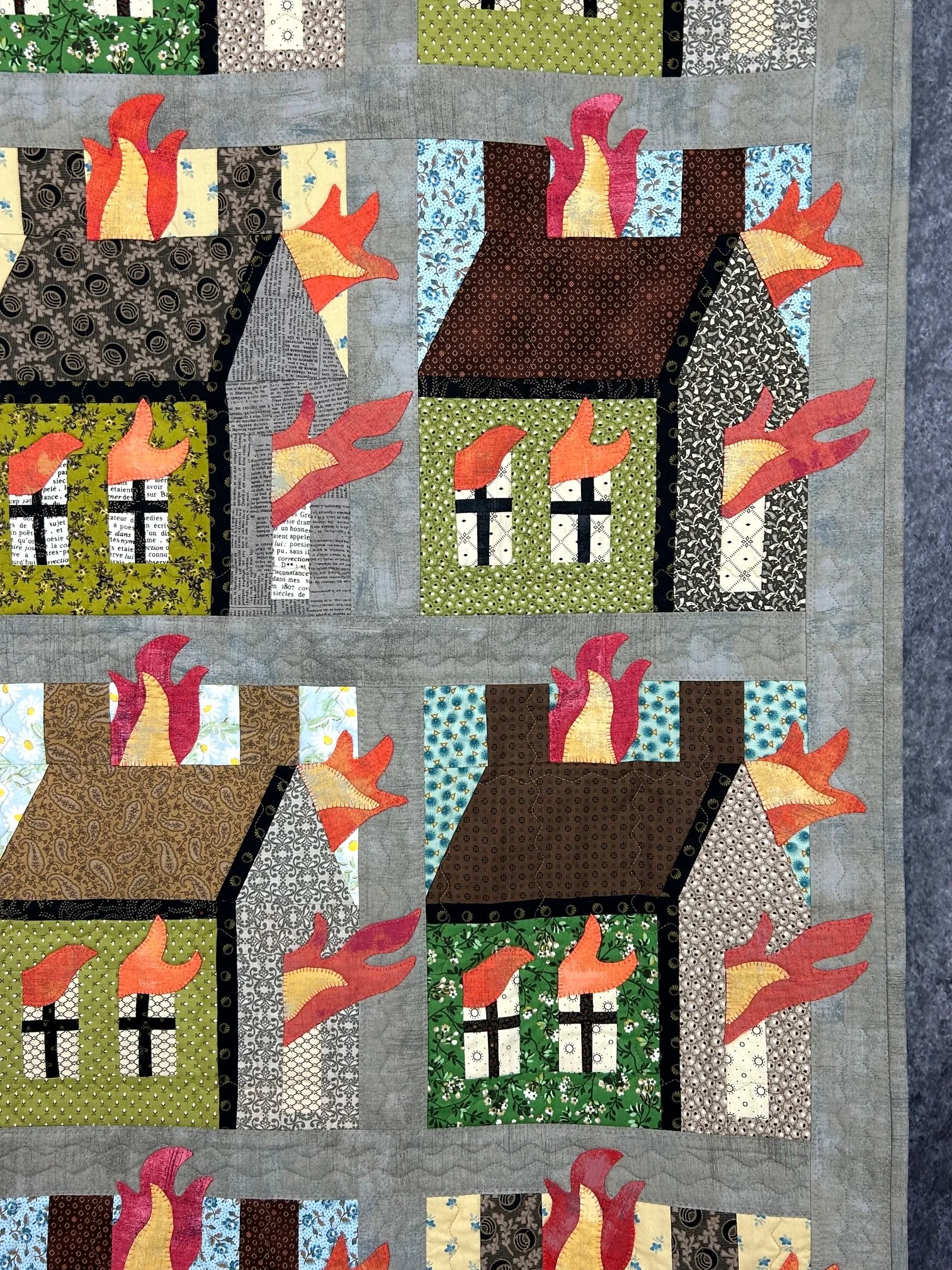 needleturn applique quilt with vintage reproduction fabrics and flames