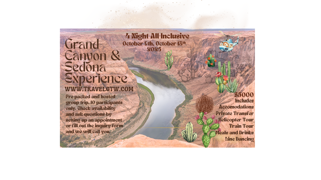 A promotional flyer for a Grand Canyon and Sedona experience, showing a canyon with a river, desert plants, a helicopter, and text details about the trip including dates, price, and activities.