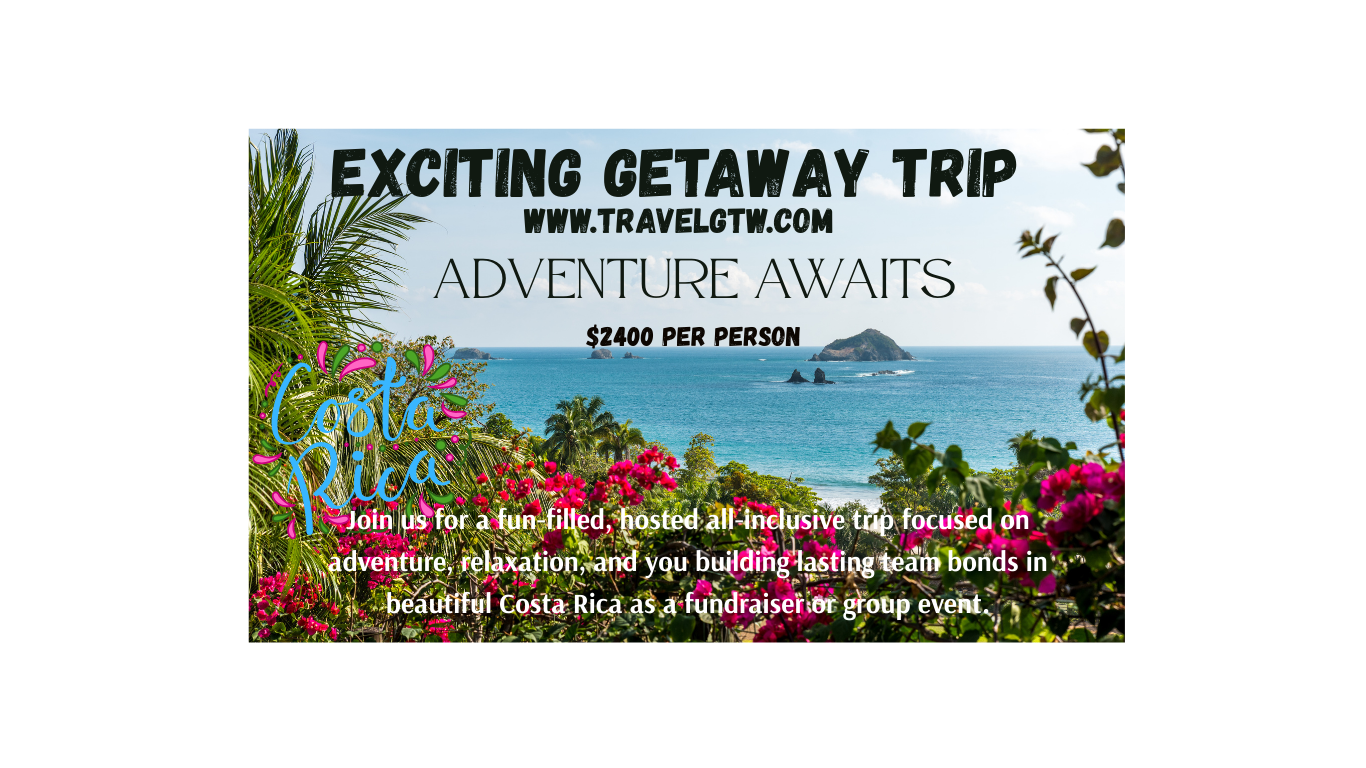 A promotional flyer for a Costa Rica trip featuring a beach scene with palm trees, colorful flowers, and ocean views, with text details about the trip, price, website, and group bonding experience.