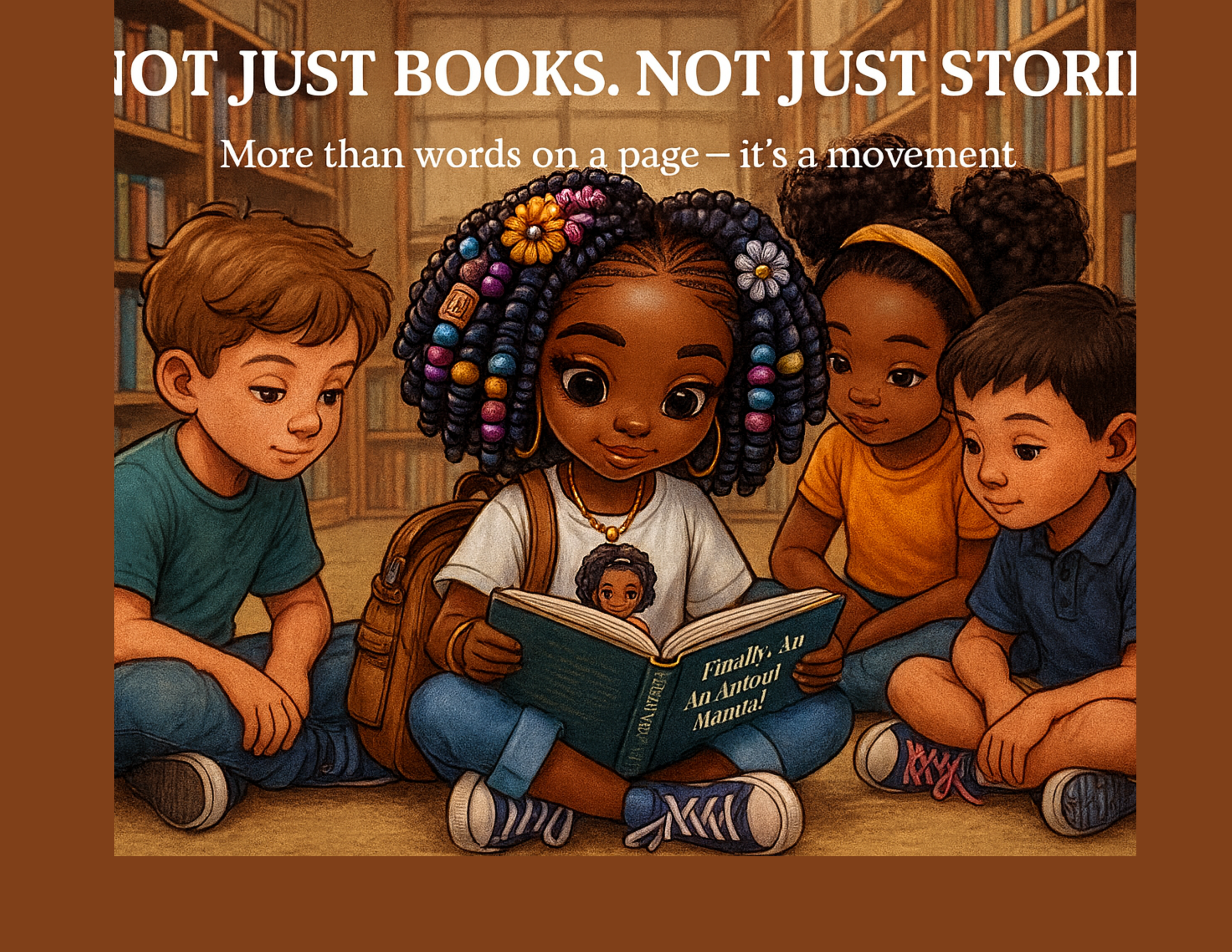 Illustration of a diverse group of children sitting on the floor in a library, with one girl reading a book titled 'Finally, an Antoui Manual!'