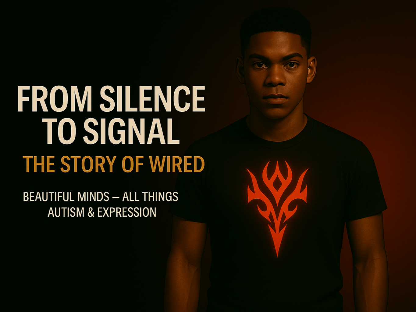 A young man with dark skin and short hair wearing a black T-shirt with a red tribal design glowing on the chest, standing against a dark background with a reddish gradient. Text on the left reads: 'From Silence to Signal: The Story of Wired', 'Beautiful Minds - All Things Autism & Expression'.