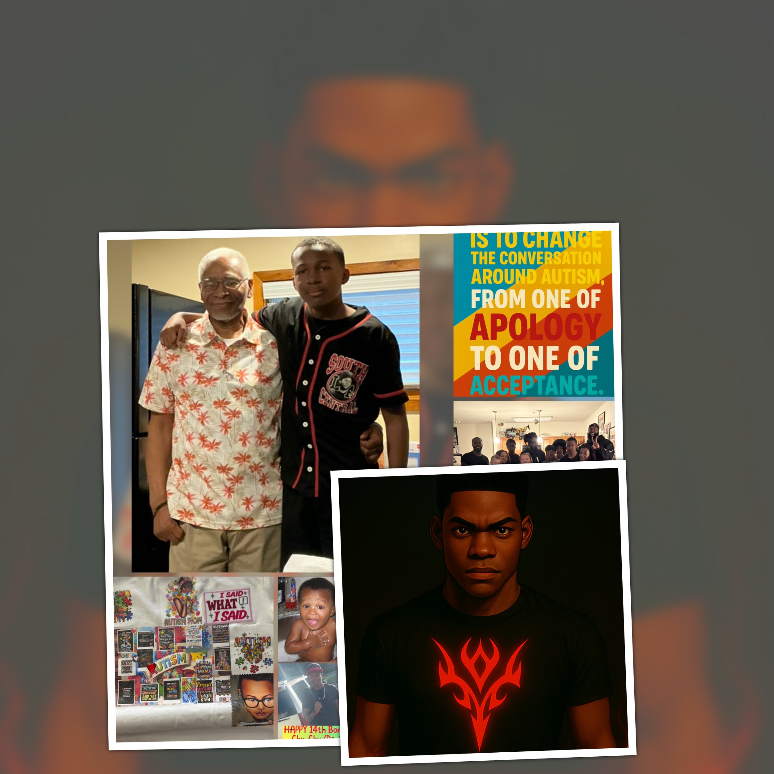 A collage of multiple photos, including a man and a boy hugging, a group photo at an event, artwork and a young child, and a young man with athletic build and serious expression wearing a black shirt with glowing red tribal design.