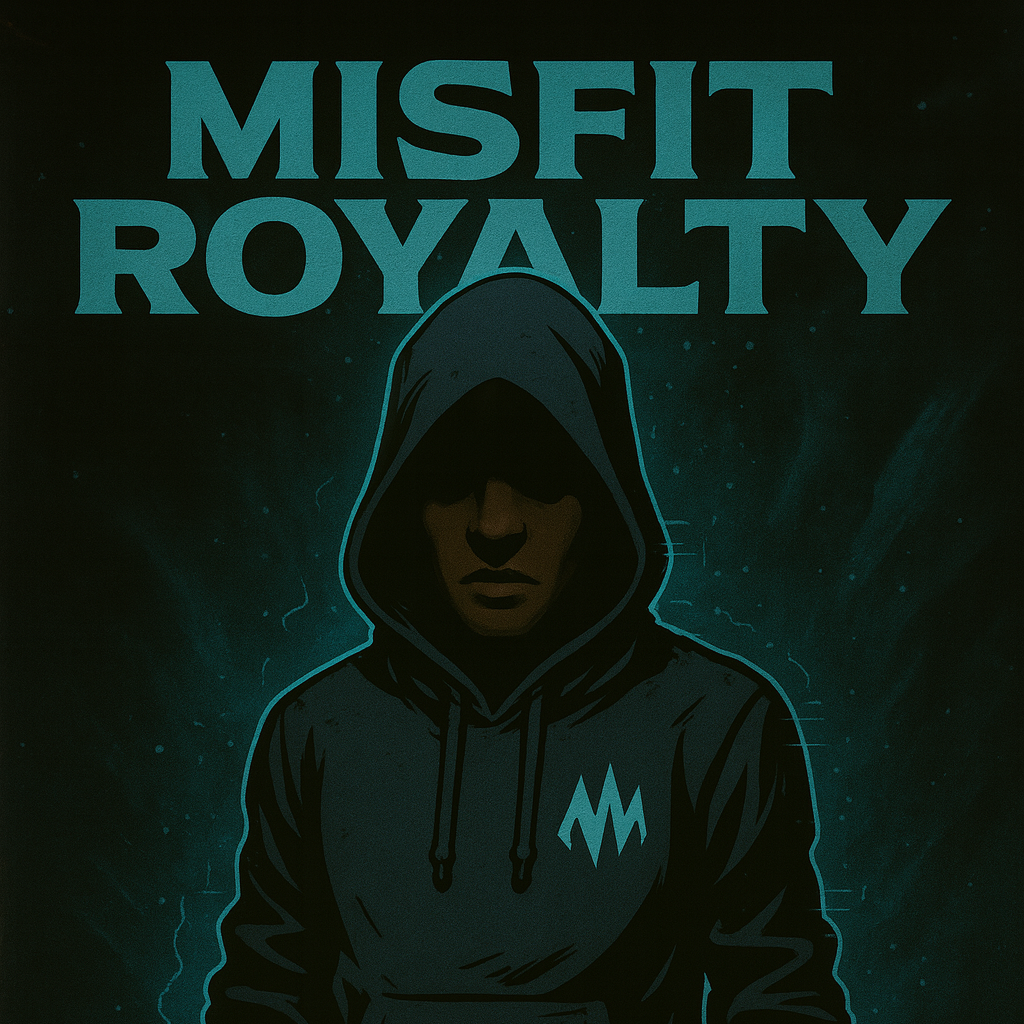 Dark illustration of a hooded figure with a drawing of the letter M on a hoodie, with the words "Misfit Royalty" above in teal text.