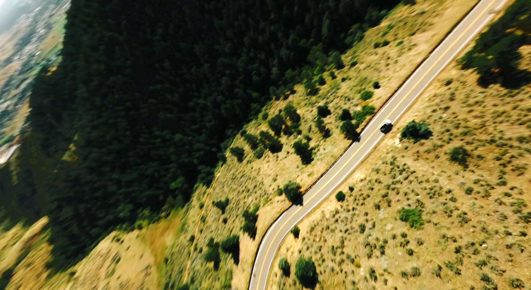 An aerial view of a winding rural road running through a landscape with green trees and yellowish grass.