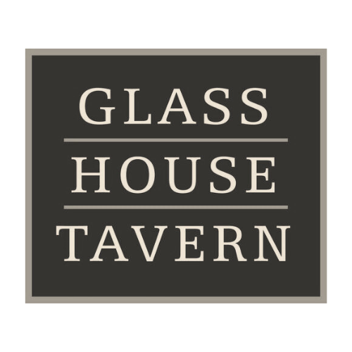 Sign for the Glass House Tavern logo in black and white.