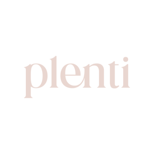 Graphic with the word 'plenti' in large light pink letters on a black background.
