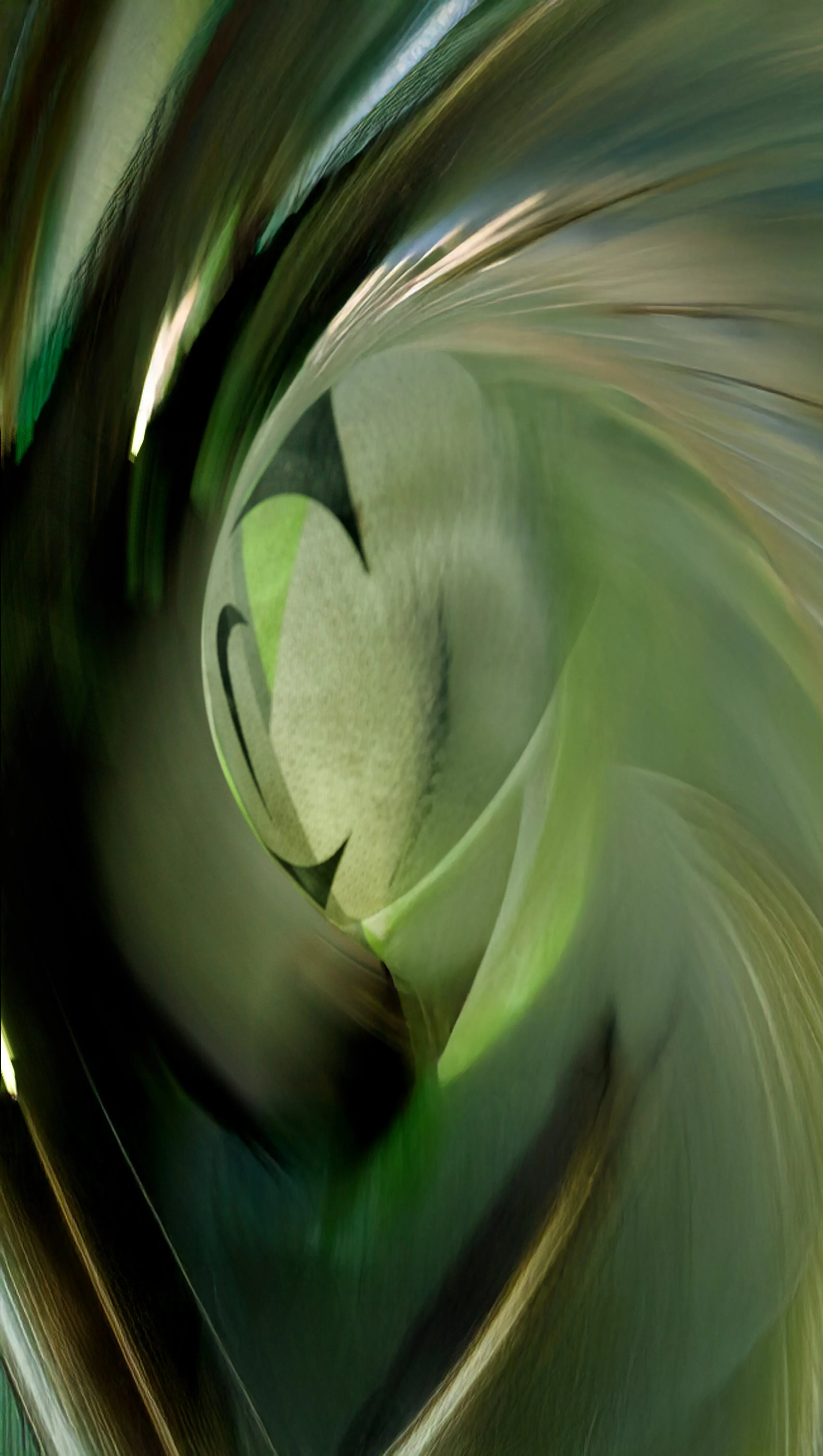 An abstract, swirling close-up image of green and black leaves, with some green light reflections.