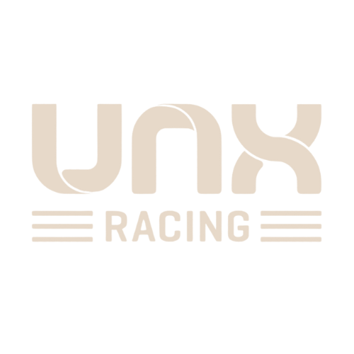 Unx Racing logo in gray text on a black background.