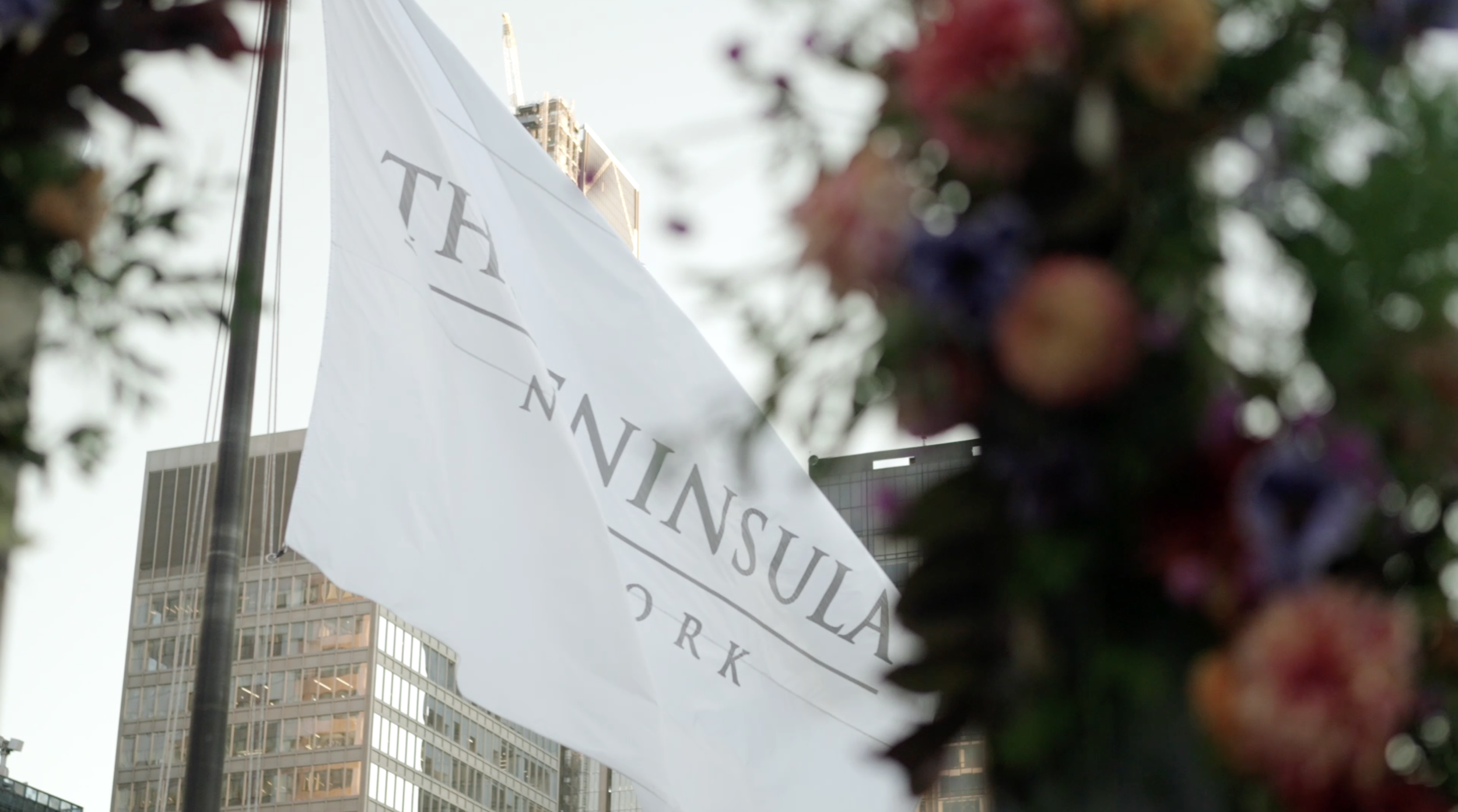 A white flag with the text 'The Insula' flutters in the wind against a backdrop of tall buildings and a colorful floral arrangement in the foreground.
