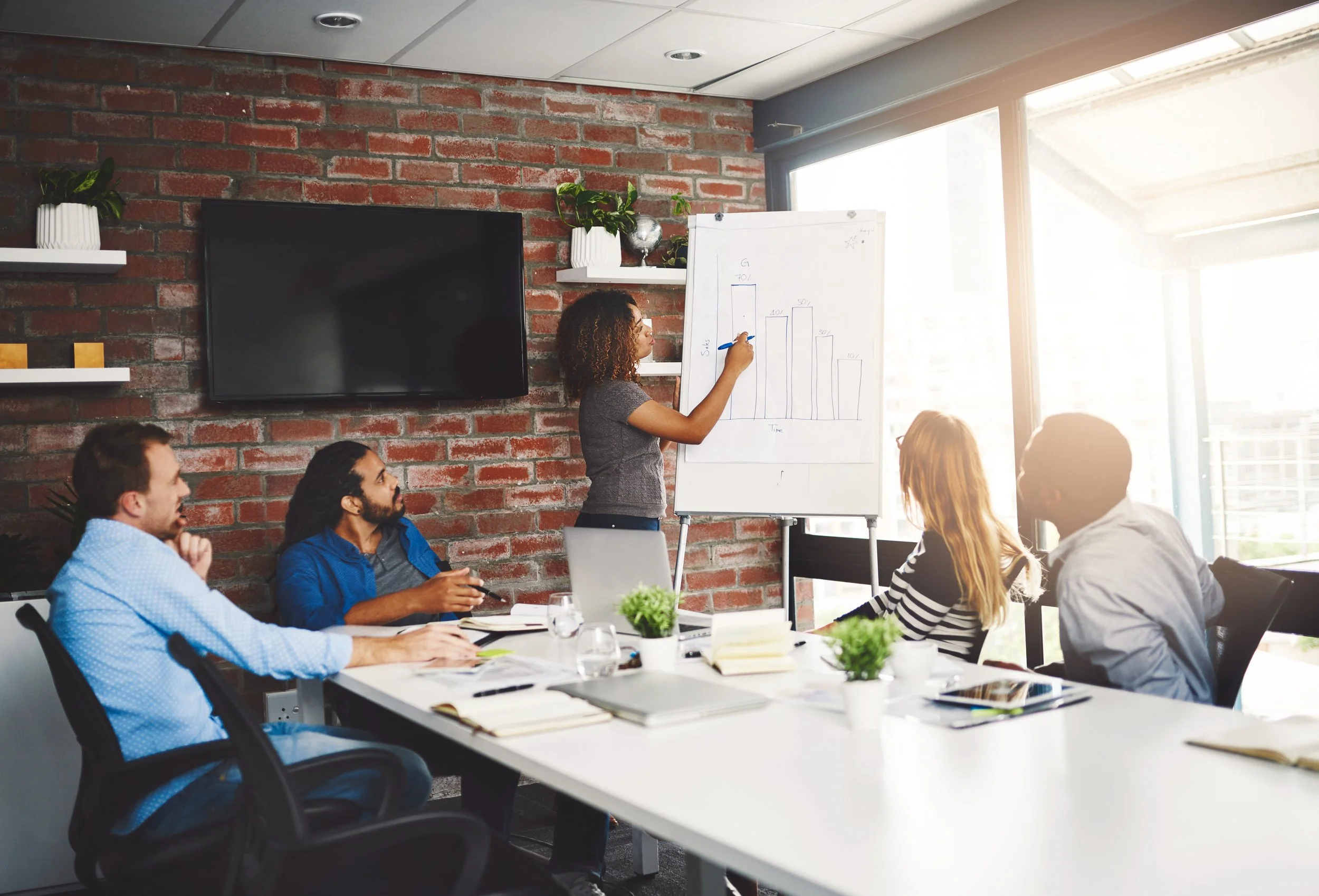 Woman giving a presentation with a bar chart on a whiteboard in a modern conference room with brick wall, large windows, and four seated professionals listening.