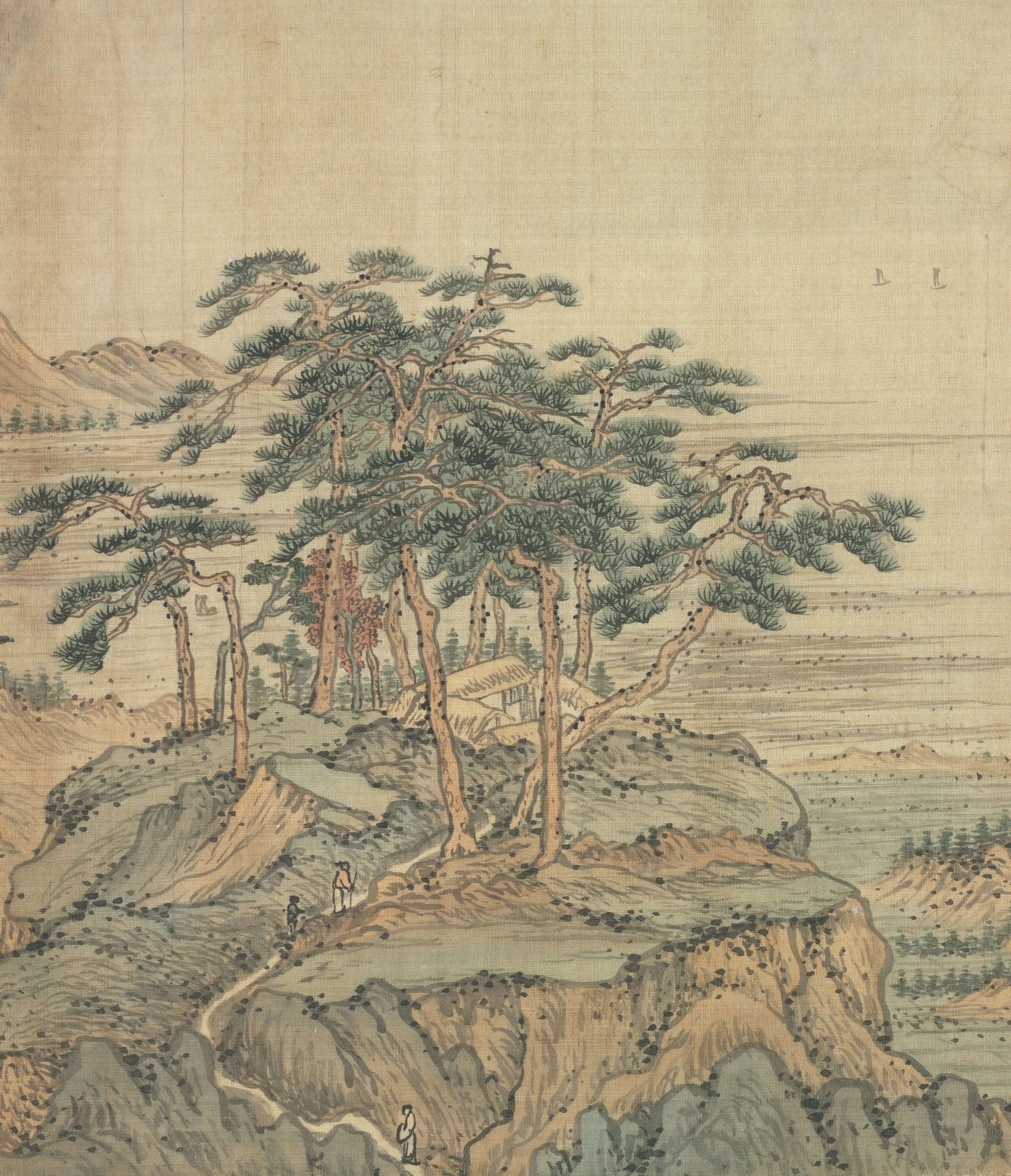 Traditional East Asian landscape painting featuring pine trees, rocky terrain, mountains, and a small pathway with a person walking, on a beige background.