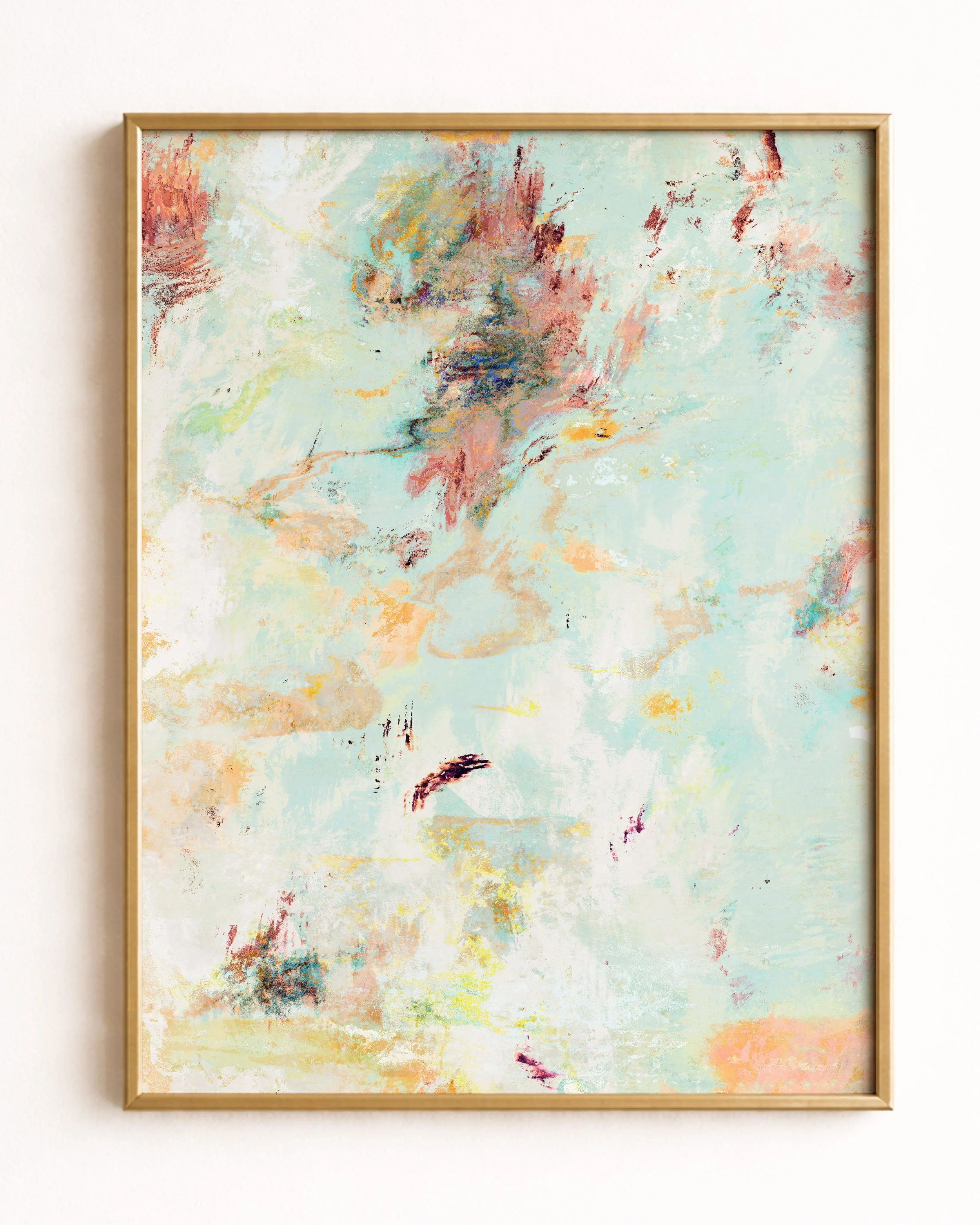 Abstract painting with pastel colors and brushstrokes, featuring a sky-like background.