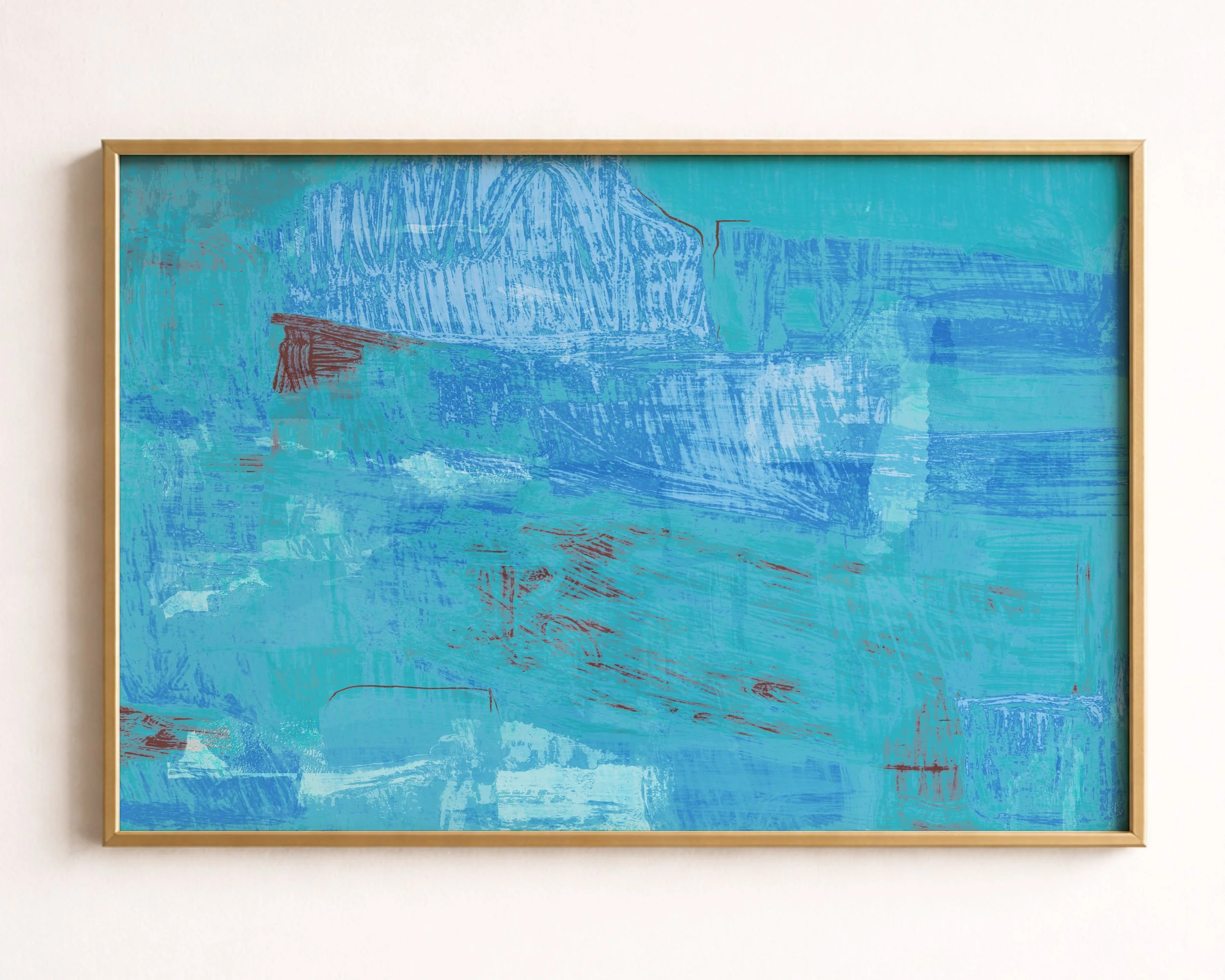 Abstract painting with shades of blue and turquoise, and accents of brown, featuring textured brushstrokes and layered strokes.