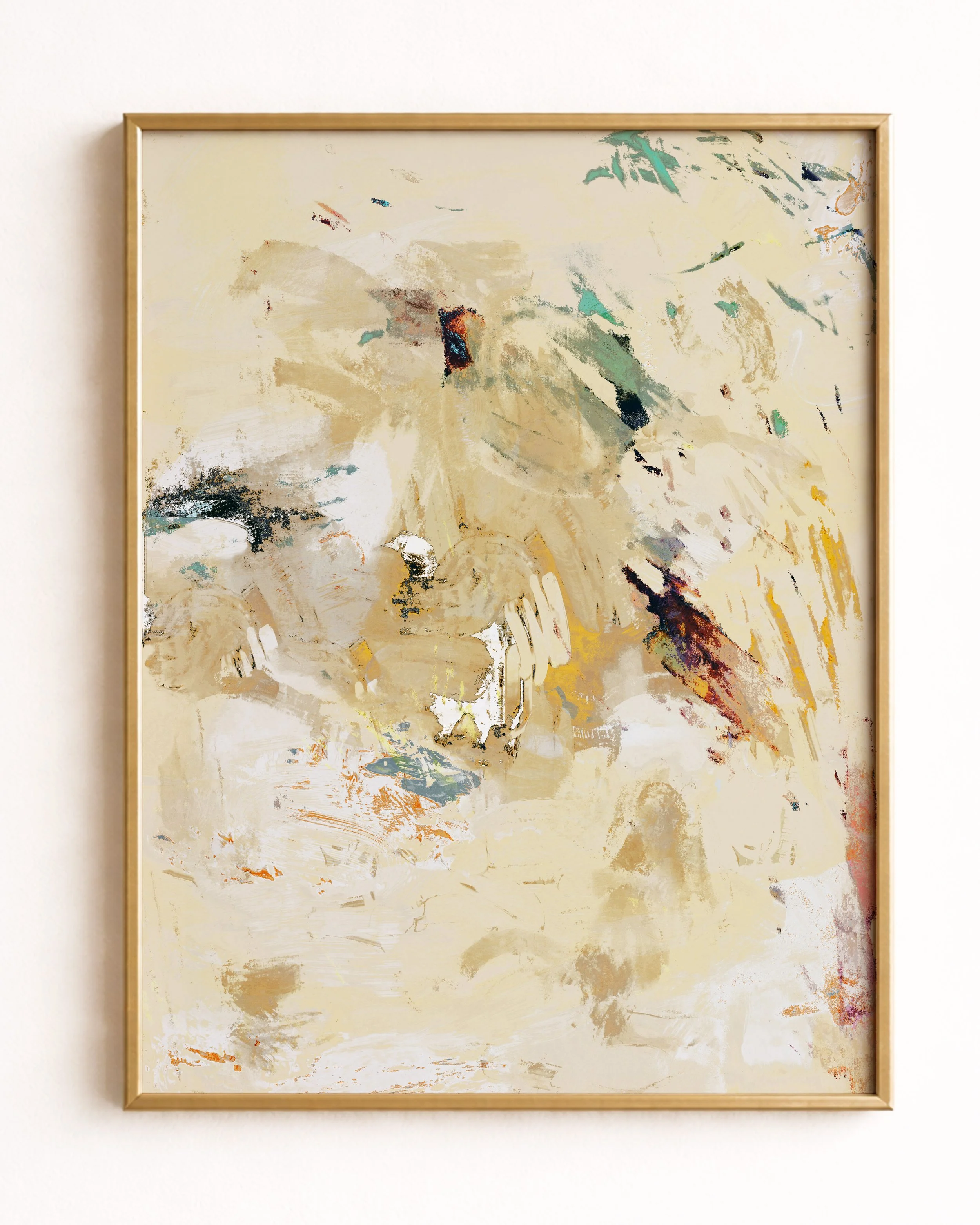Abstract painting with beige, brown, green, and white colors, with some darker accents and brushstrokes.