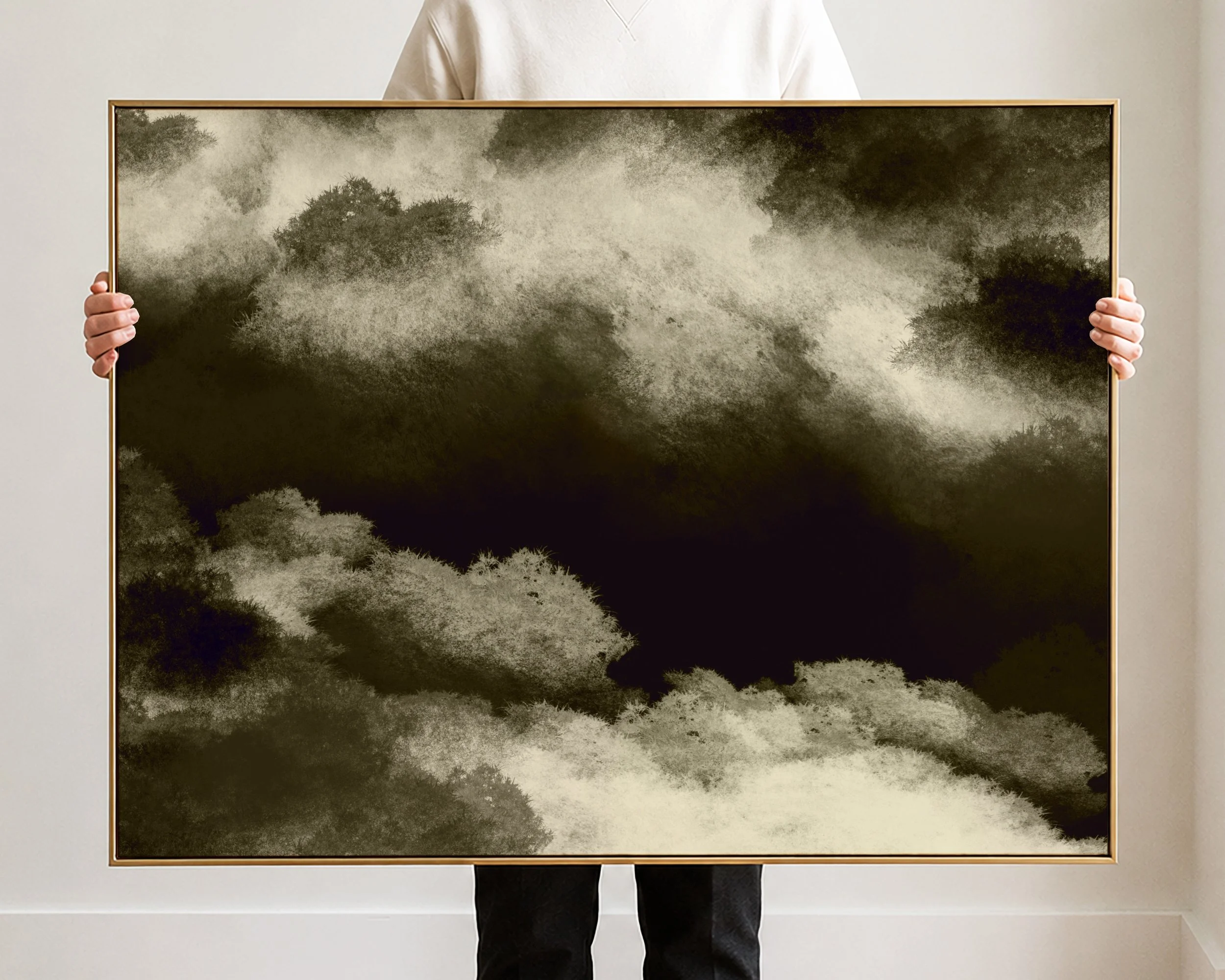 Abstract black, white, and gray clouds or smoke in a watercolor style.