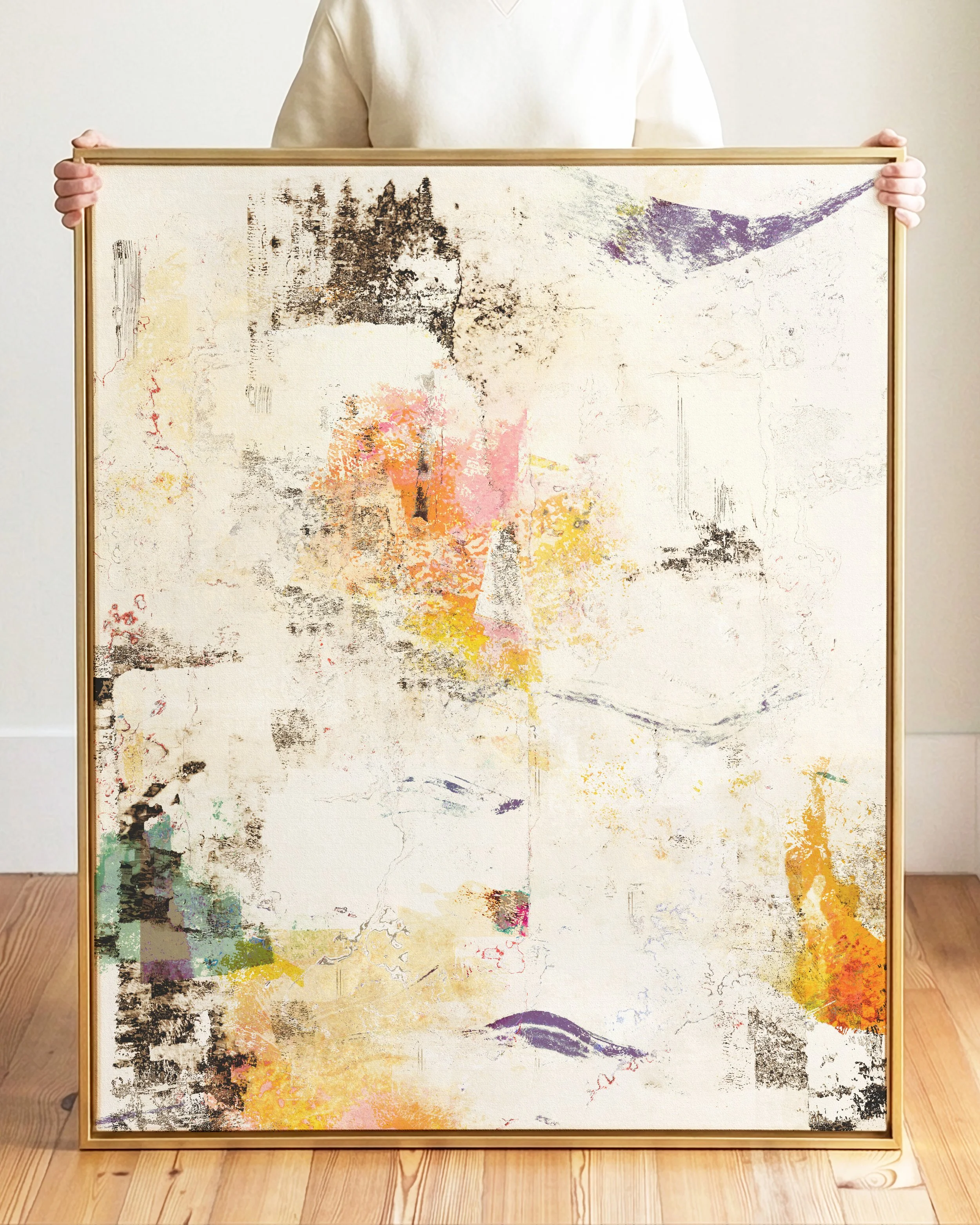 Abstract artwork with muted earthy tones, pink, yellow, purple, black, and white, featuring textured and smudged brushstrokes.