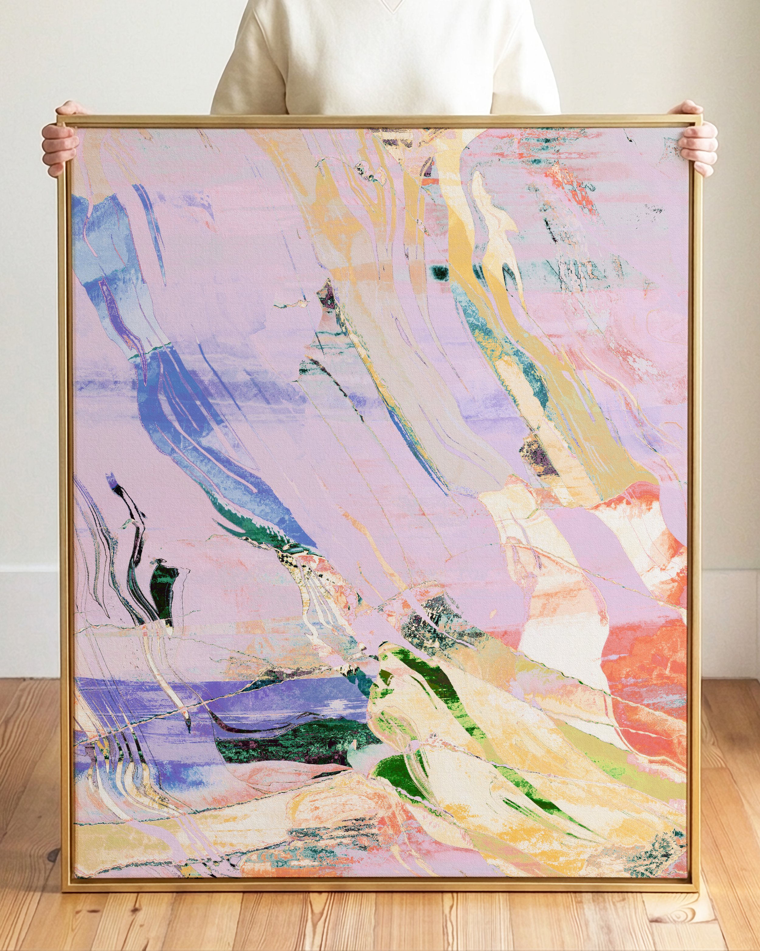 Abstract artwork with pastel colors of pink, purple, yellow, blue, green, and black, featuring swirling and streaking patterns.
