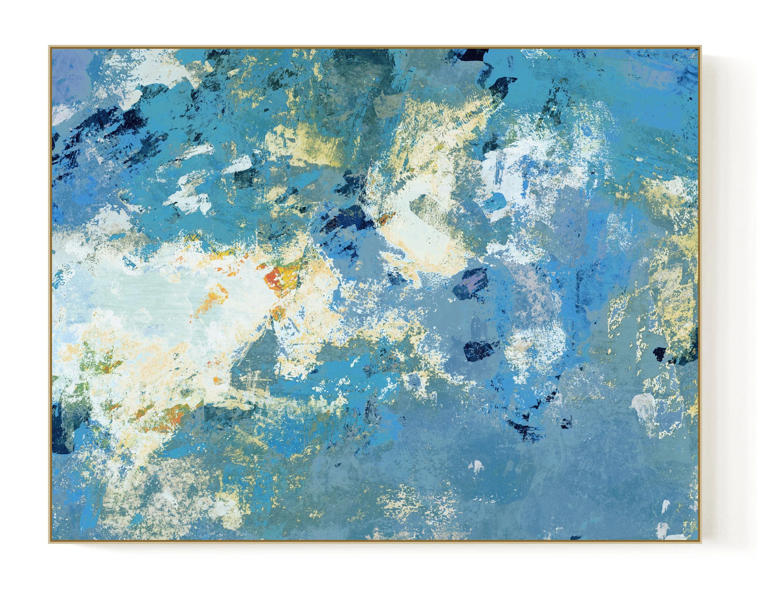 Abstract expressionist painting with various shades of blue, white, and hints of beige and green.