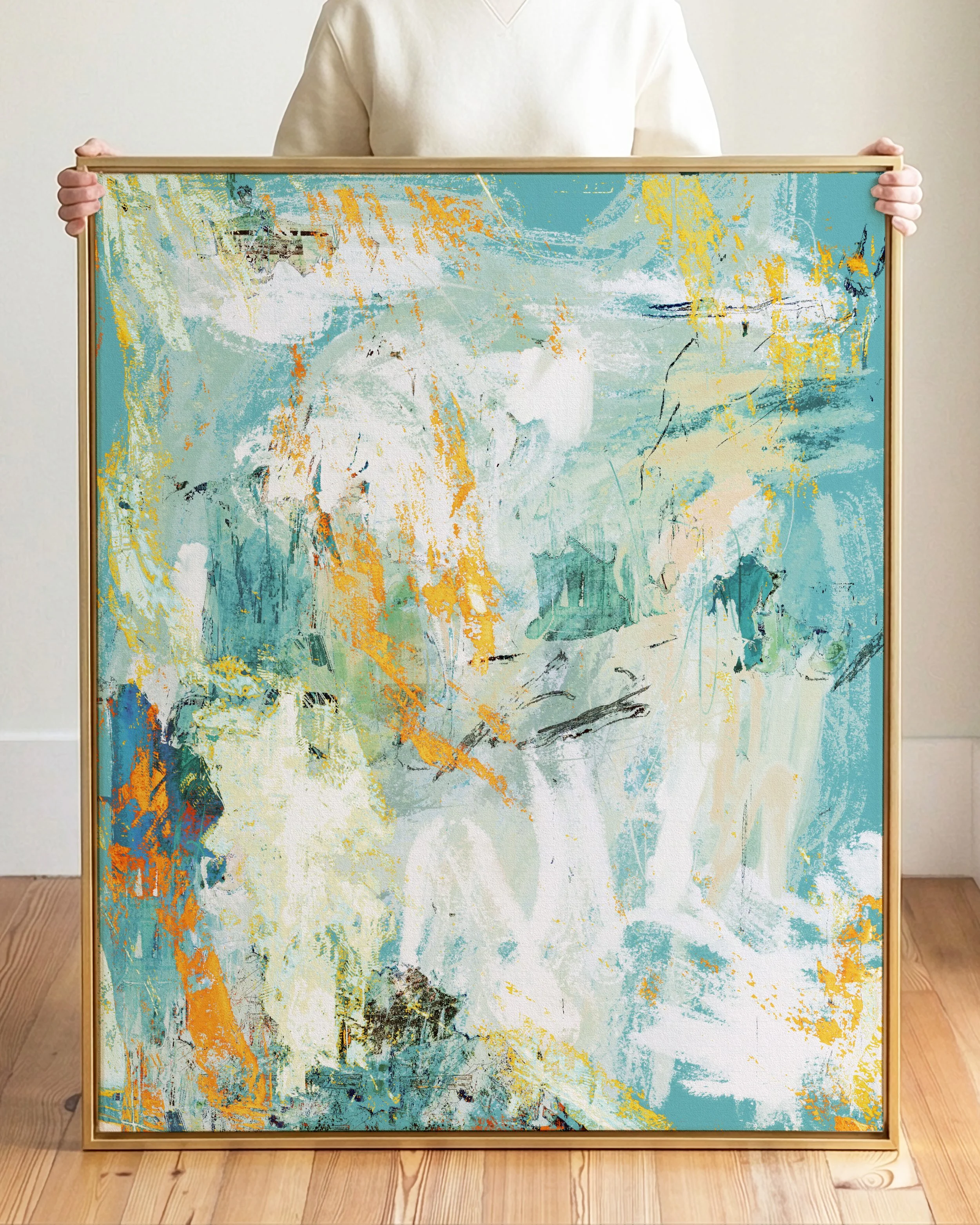 Abstract painting with blue, white, yellow, orange, and black brushstrokes and textures.