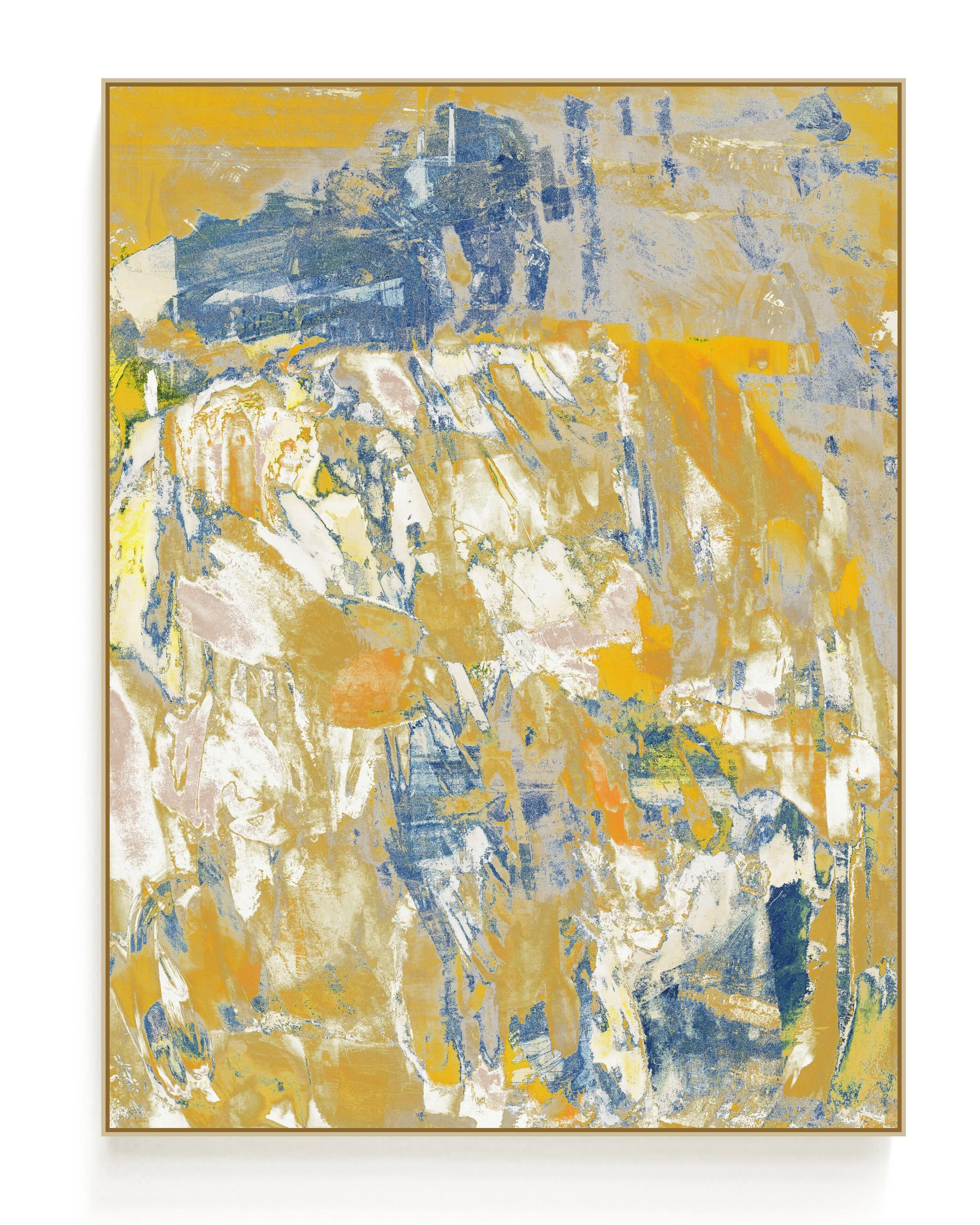 Abstract painting with shades of blue, yellow, beige, and hints of white.
