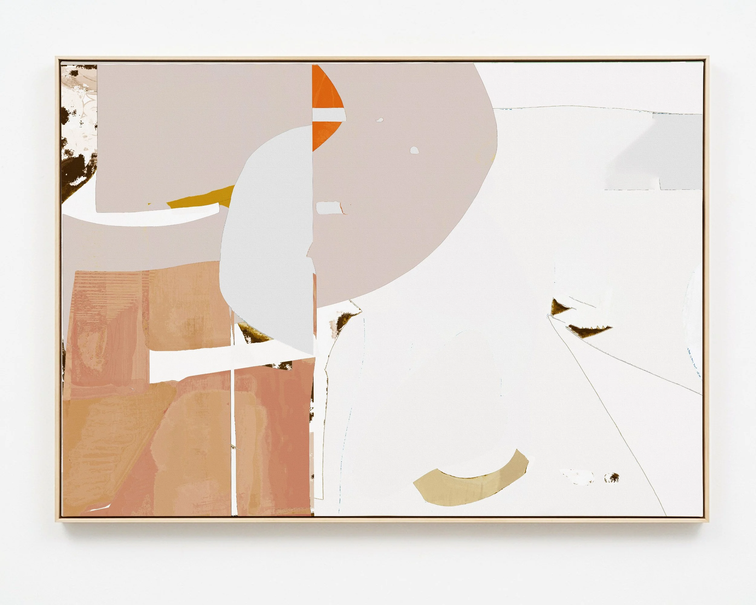 Abstract collage with fragments of images and colors, including beige, brown, black, and hints of white and orange, arranged in a layered, geometric composition.