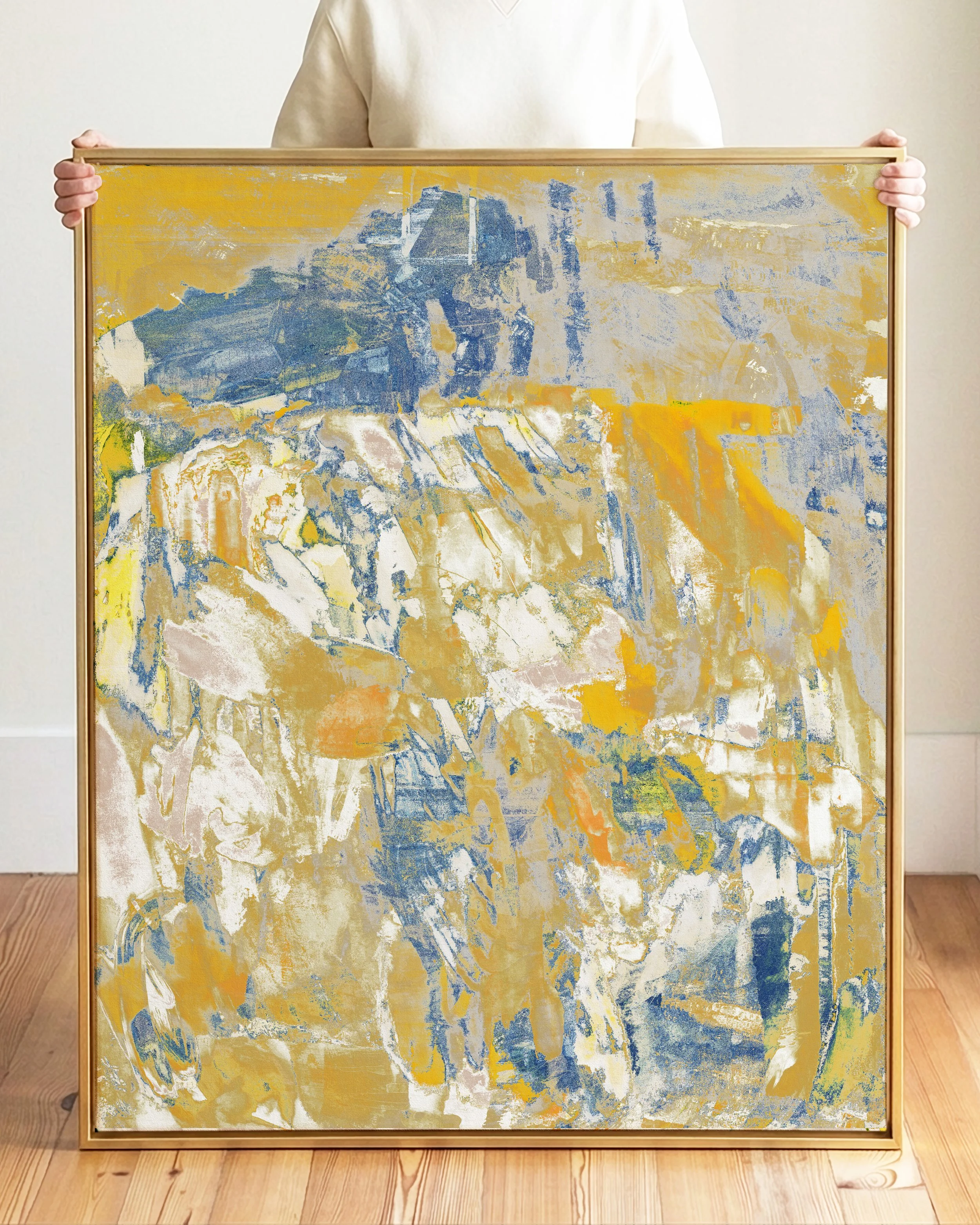 Abstract painting with shades of blue, yellow, beige, and hints of white.