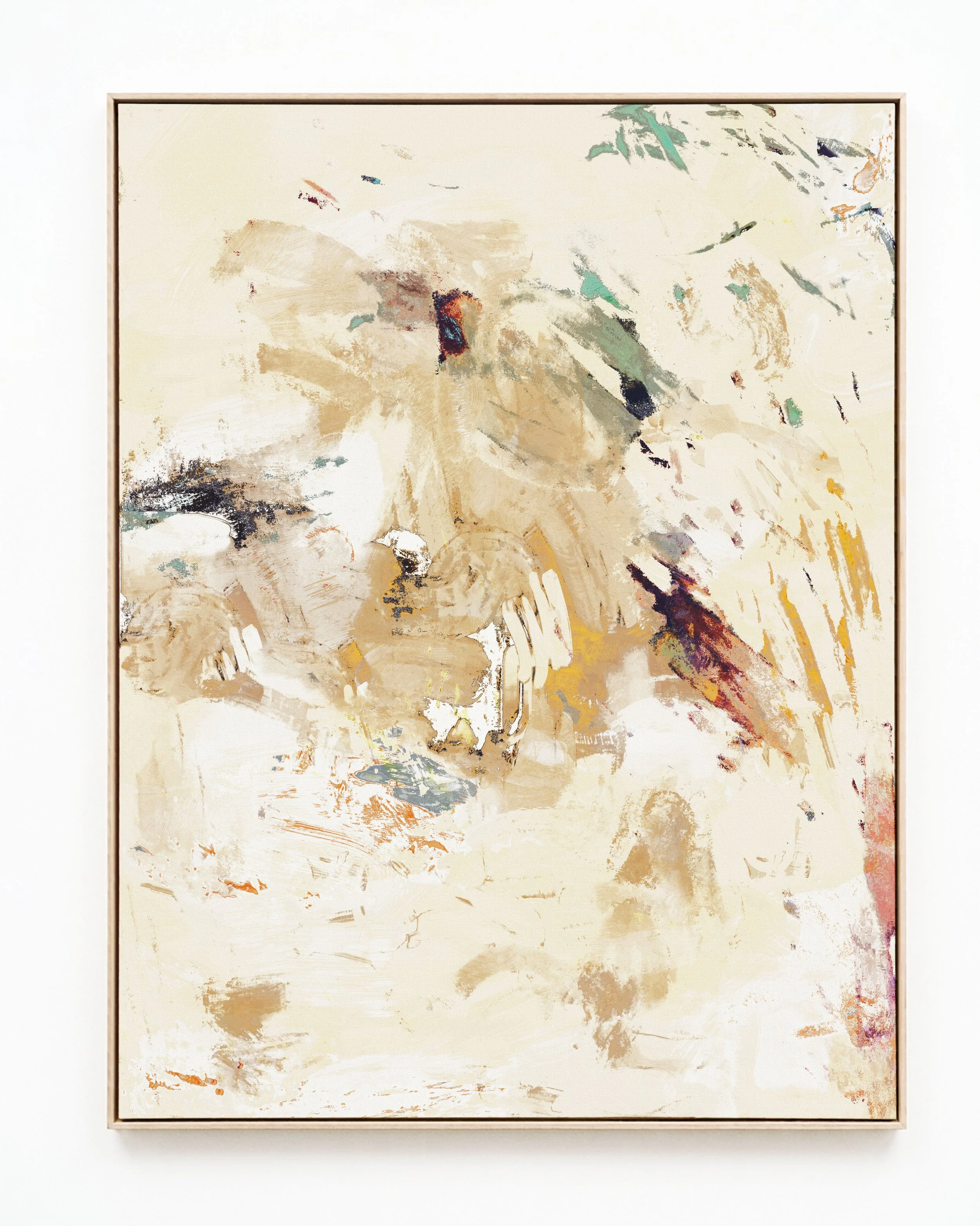 Abstract painting with beige, brown, green, and white colors, with some darker accents and brushstrokes.