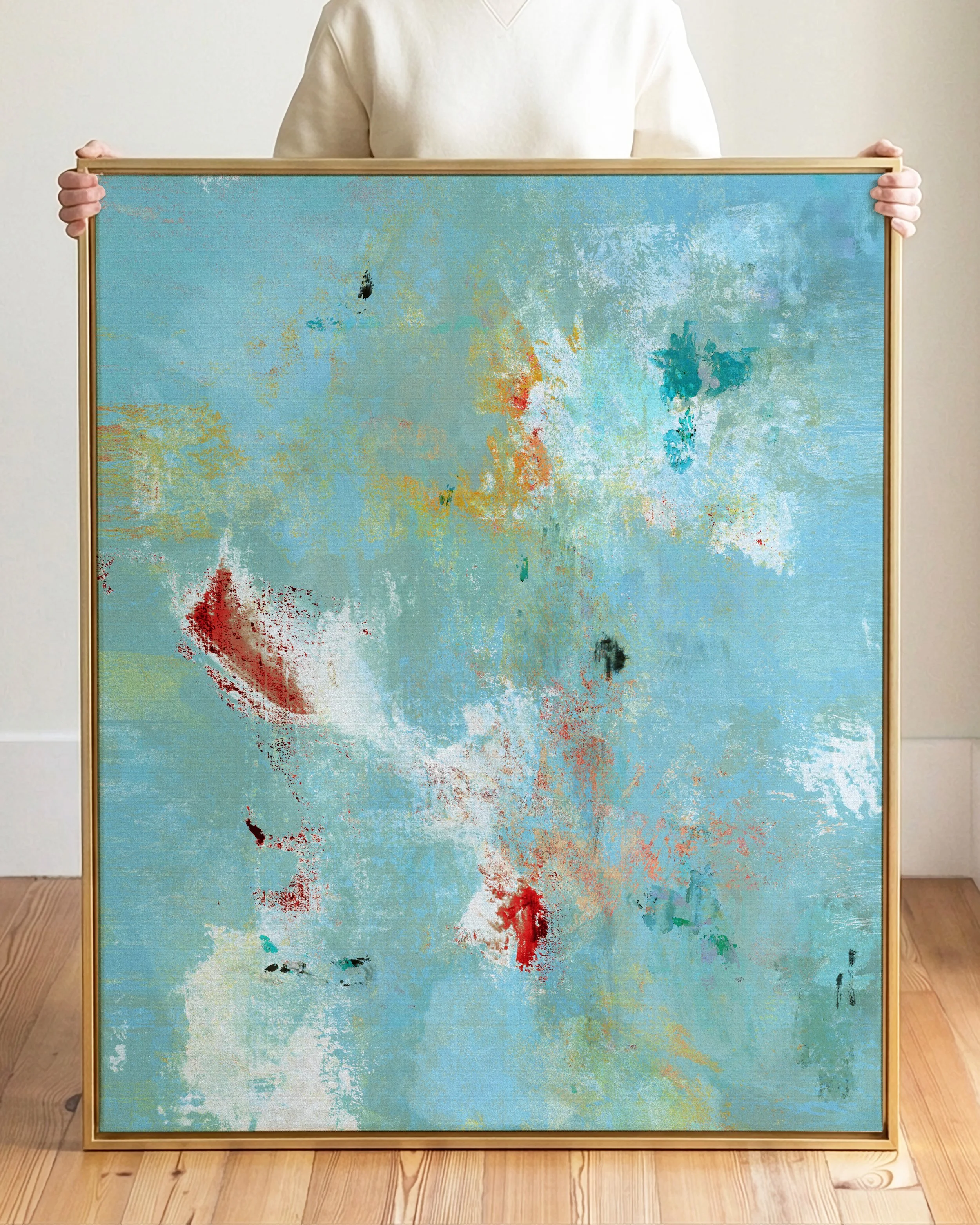 Abstract expressionist painting with predominantly blue, green, and red colors and textured brushstrokes.