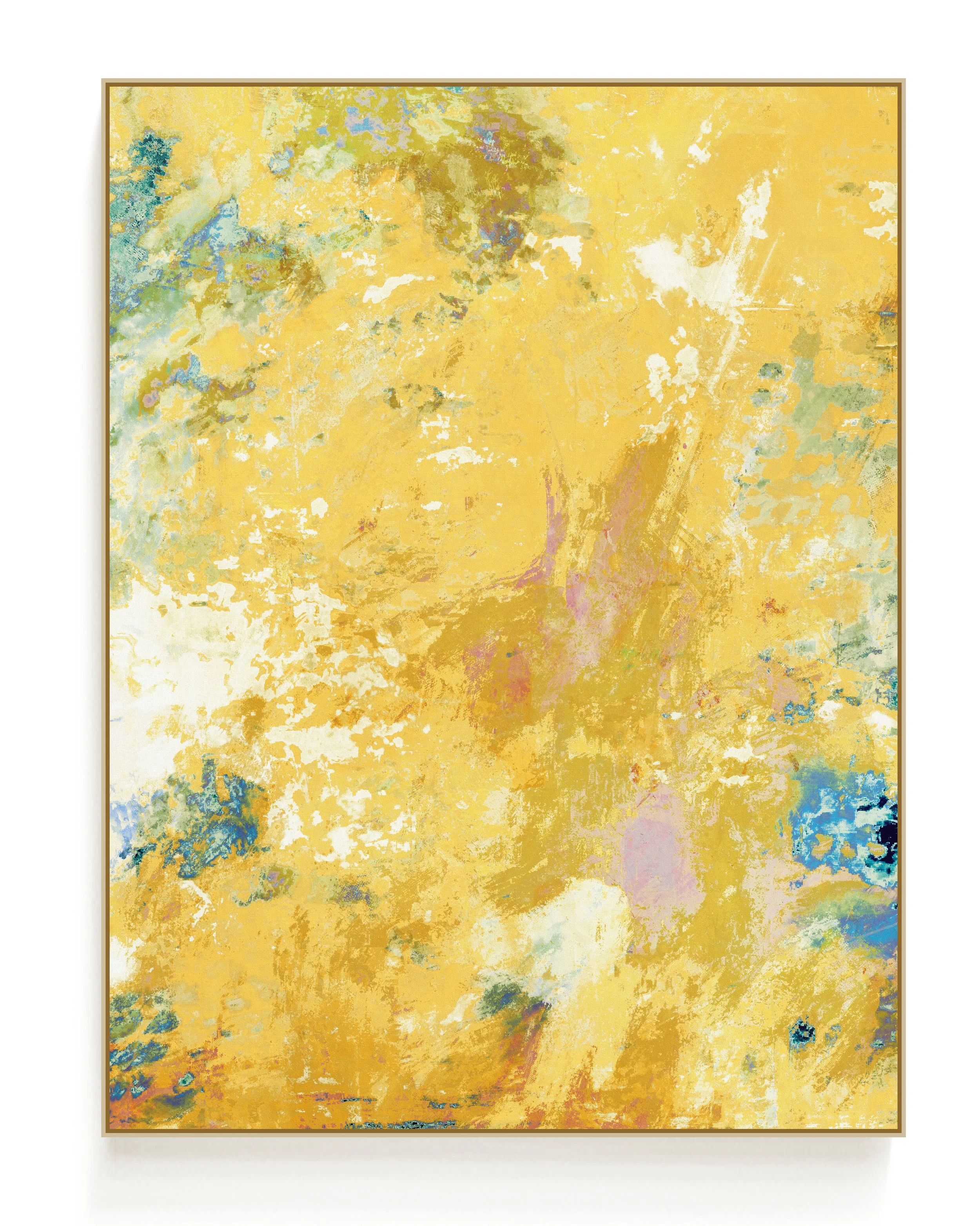 Abstract painting with a yellow background, featuring patches and streaks of blue, green, purple, and white in the upper left and lower left corners.