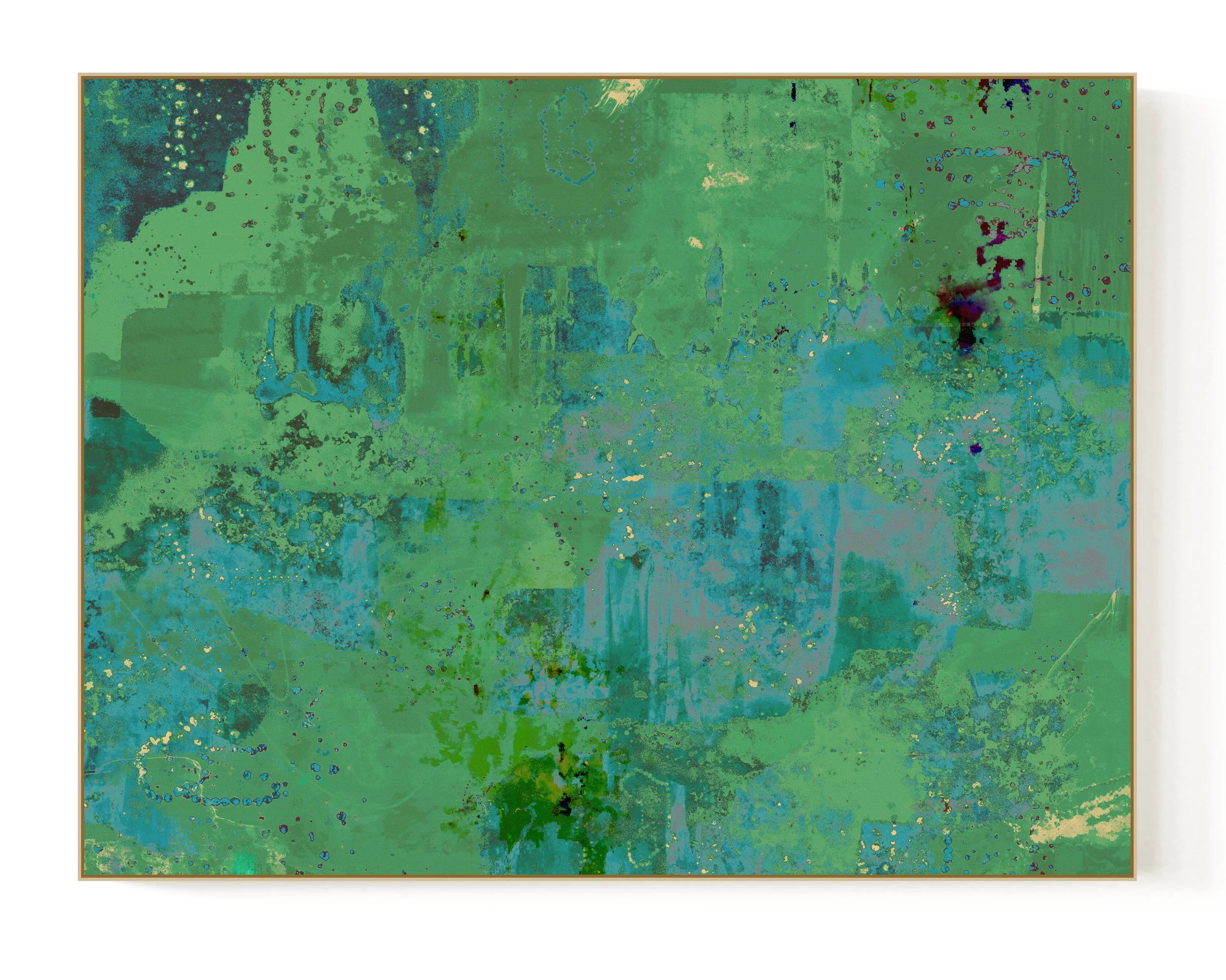Abstract digital art with various shades of green, blue, and hints of other colors in a textured pattern.