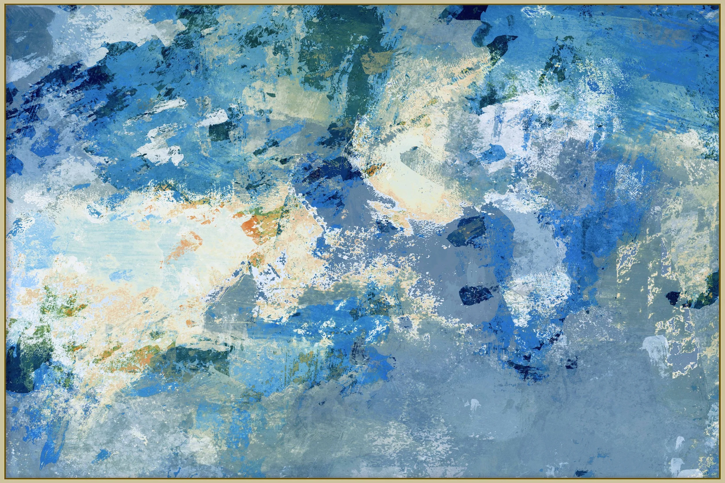 Abstract expressionist painting with various shades of blue, white, and hints of beige and green.