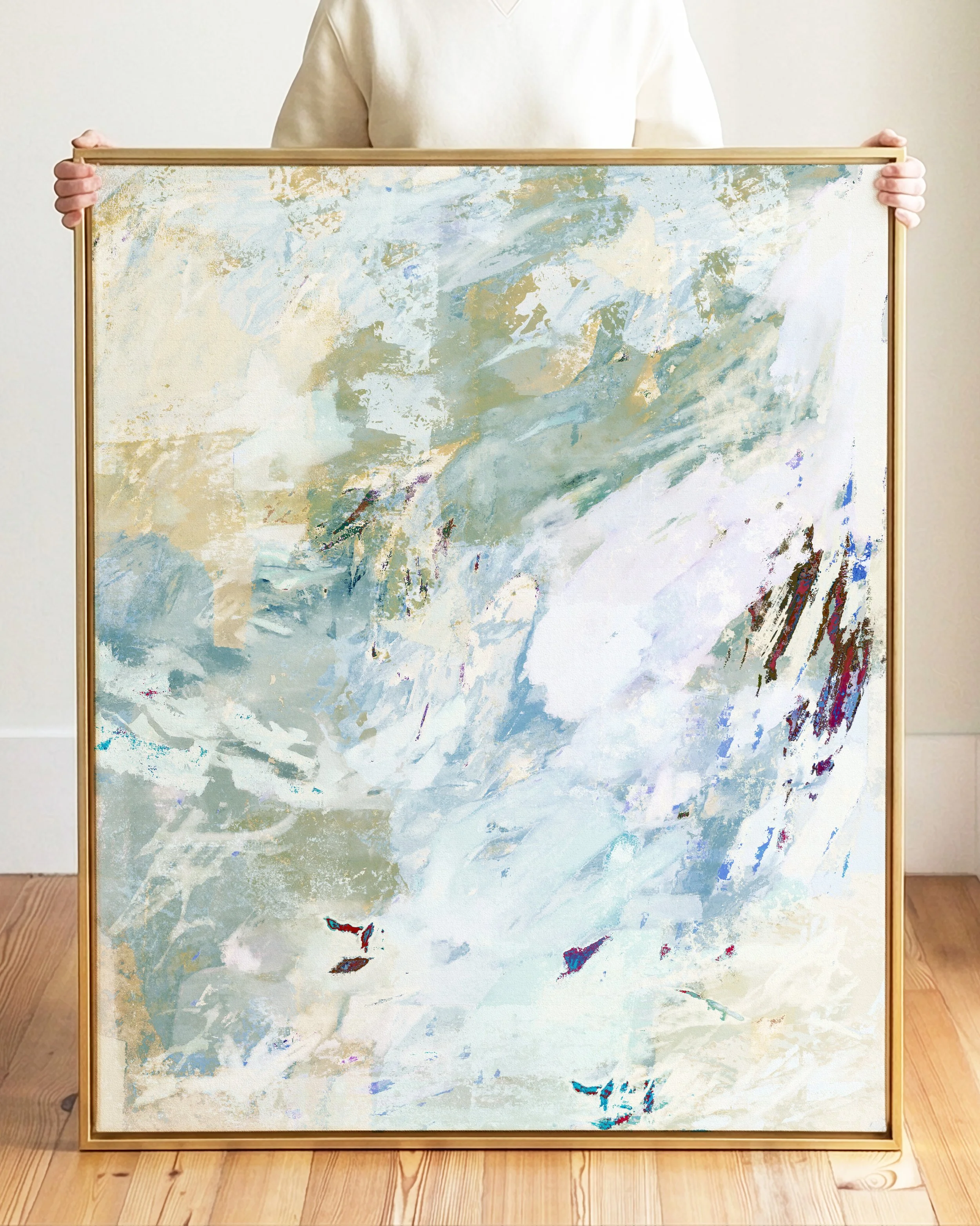 Abstract painting with swirling blue, white, gray, and beige tones, with some red and purple accents, resembling a abstract ocean scene or stormy sky.