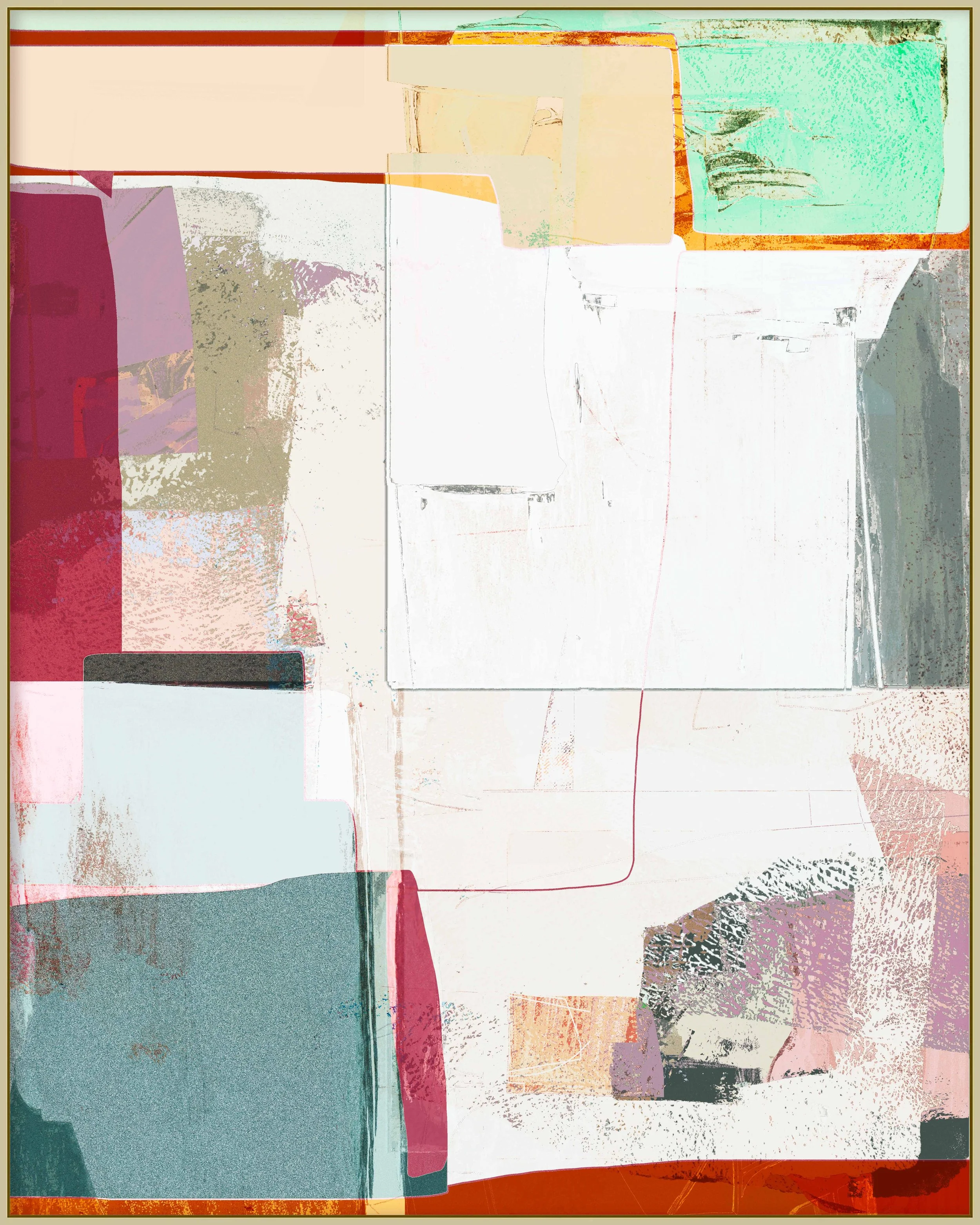 Abstract art with various rectangles and colors including red, pink, beige, green, gray, black, and white.