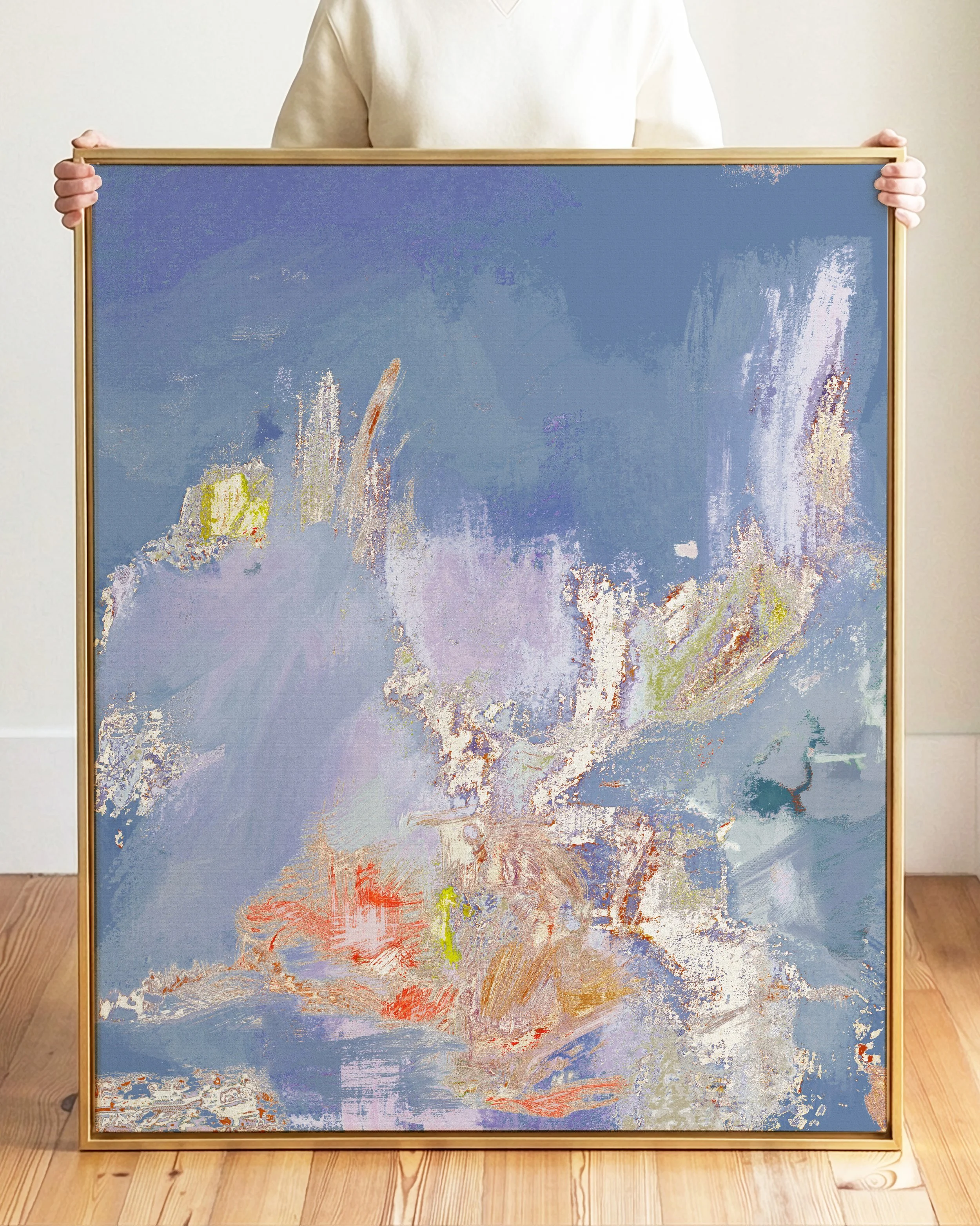 Abstract impressionist painting with pastel shades of blue, purple, yellow, and orange, depicting a blurry, indistinct scene.